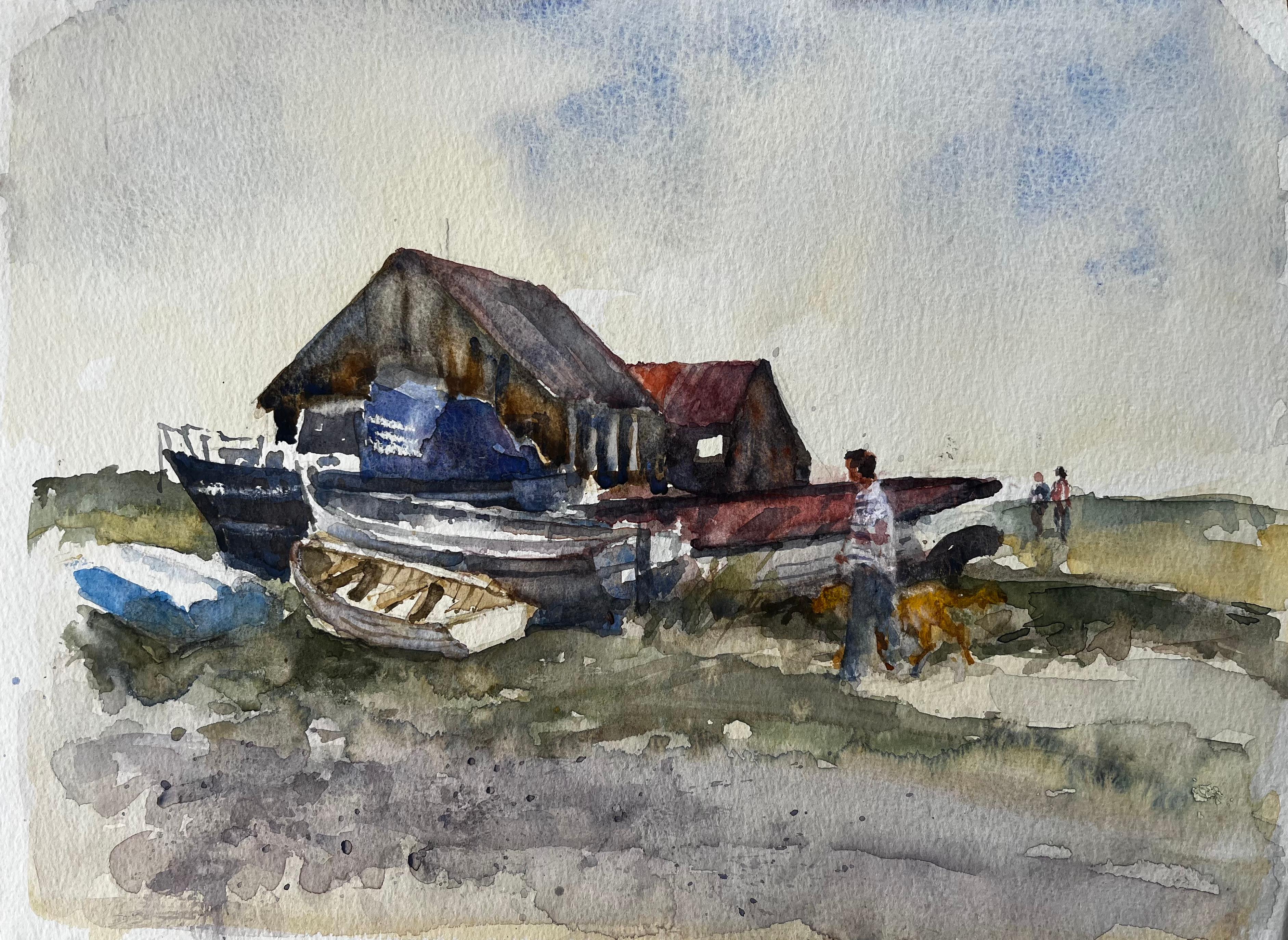 Old Boat Yard with Figures and Dog on Suffolk Coast Watercolor by Tony Herbert