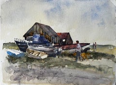 Old Boat Yard with Figures and Dog on Suffolk Coast Watercolor by Tony Herbert