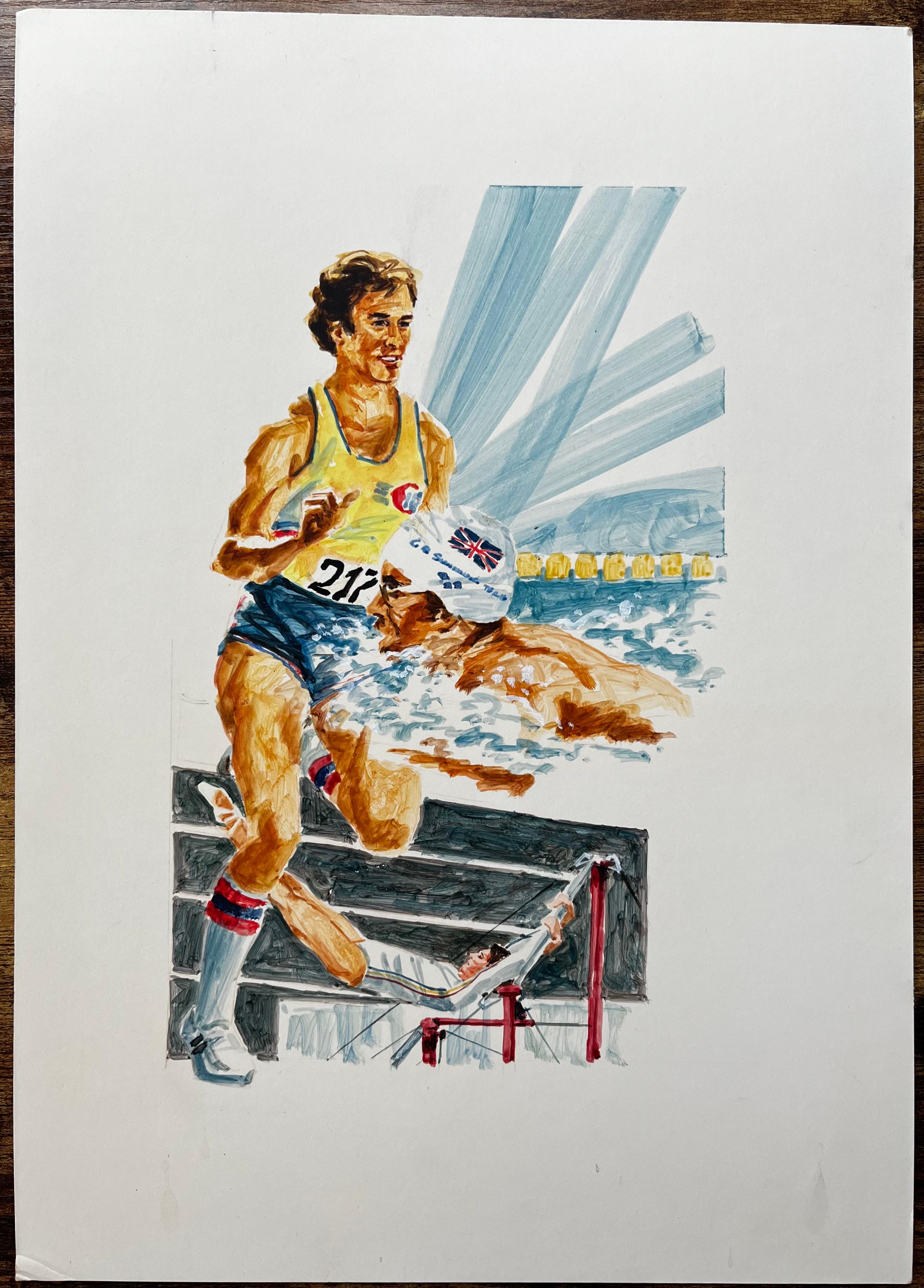Illustration sportive originale représentant des athlètes olympiques en action et une nageuse britannique - Painting de Anthony Herbert