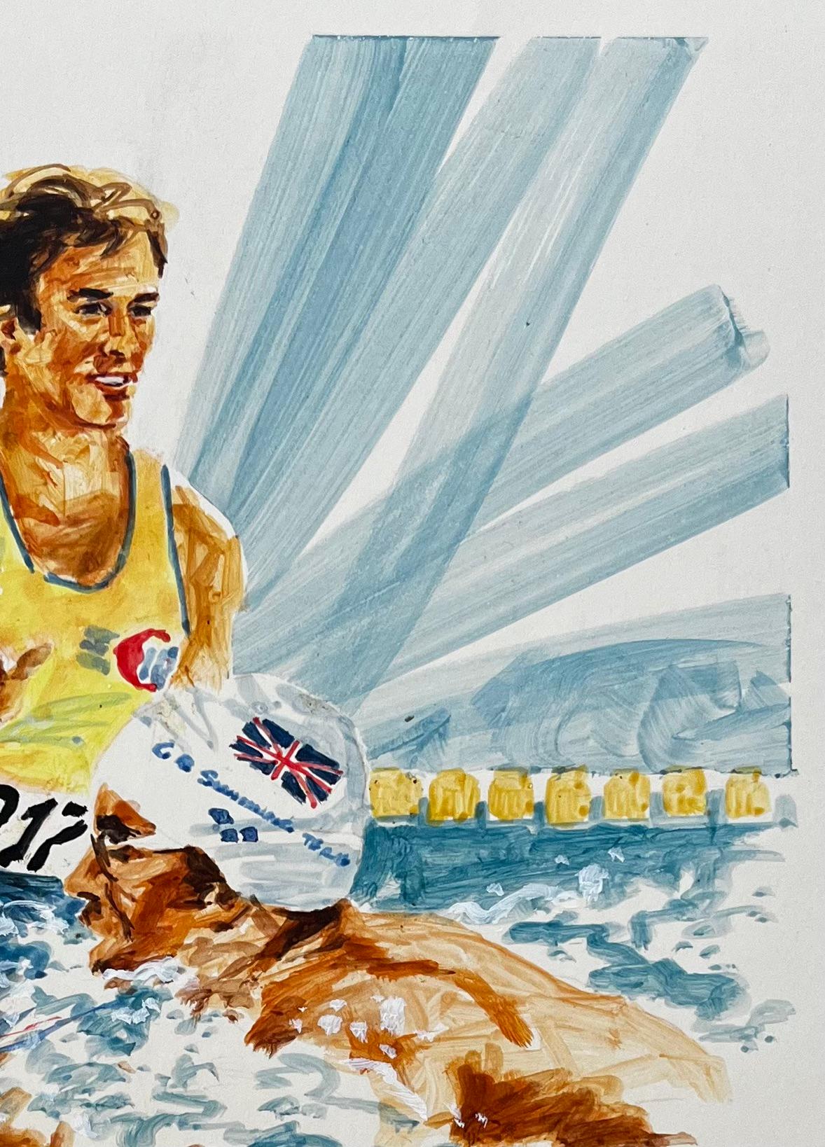 Illustration sportive originale représentant des athlètes olympiques en action et une nageuse britannique - Gris Figurative Painting par Anthony Herbert