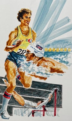 Ilustración deportiva original con atletas olímpicos en acción y nadador de GB