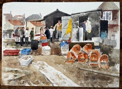 Original Watercolour Aldeburgh Fishing Quay Scene with Lobster Pots and Market