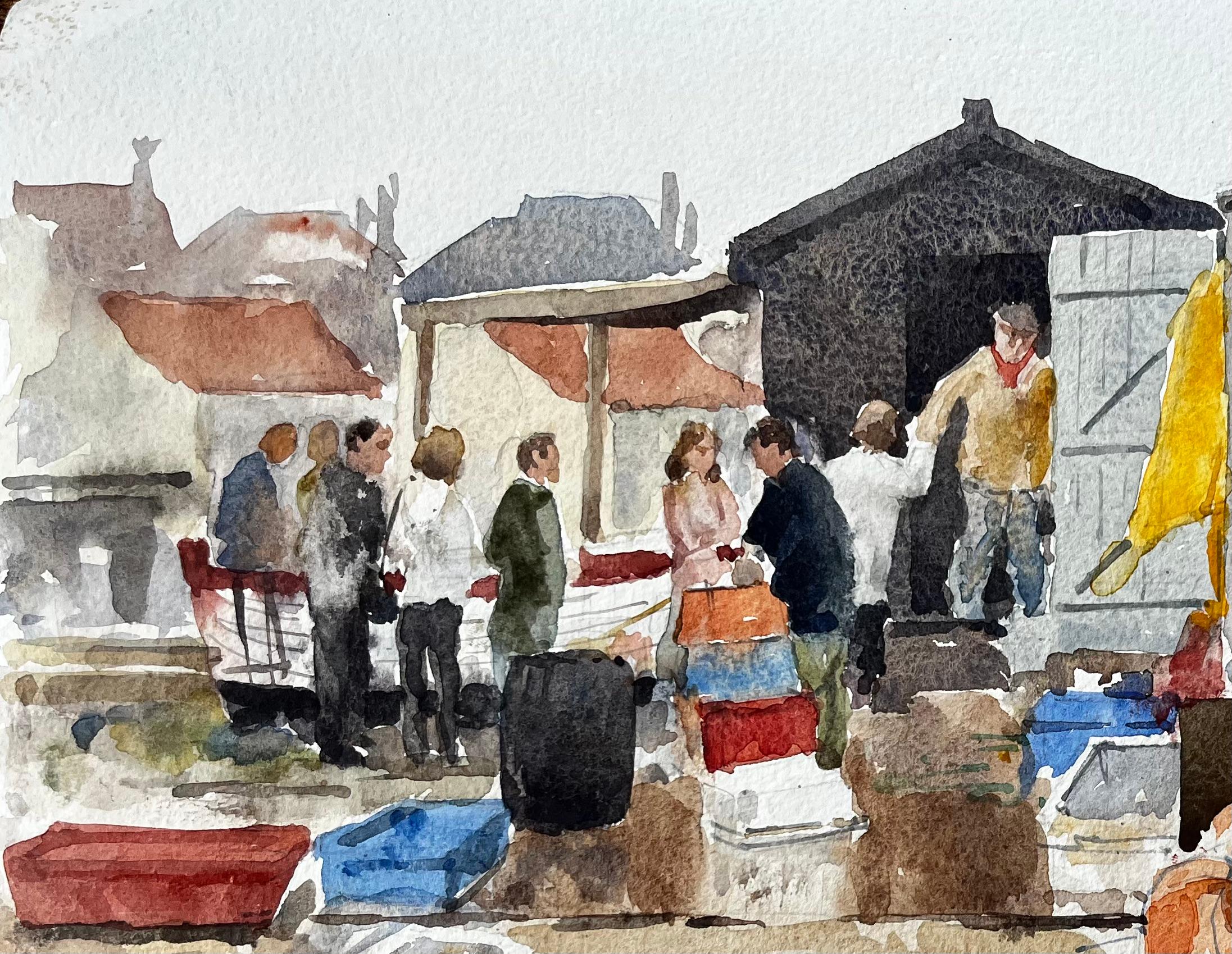 Original-Aquarell Aldeburgh Fischereikai Szene mit Hummer Töpfe und Markt (Impressionismus), Painting, von Anthony Herbert