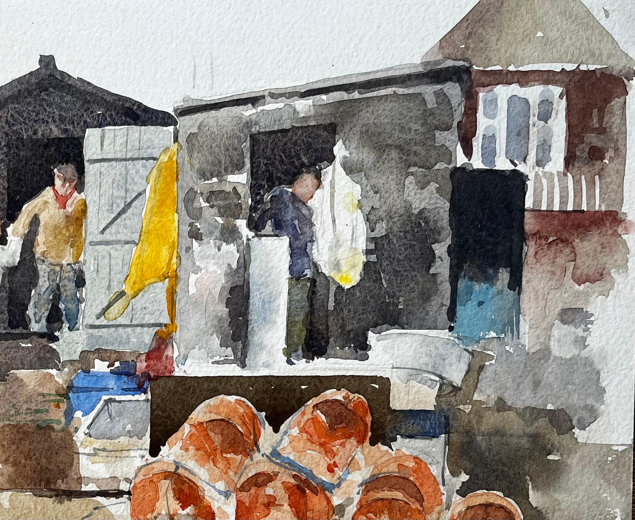 Original-Aquarell Aldeburgh Fischereikai Szene mit Hummer Töpfe und Markt (Braun), Landscape Painting, von Anthony Herbert