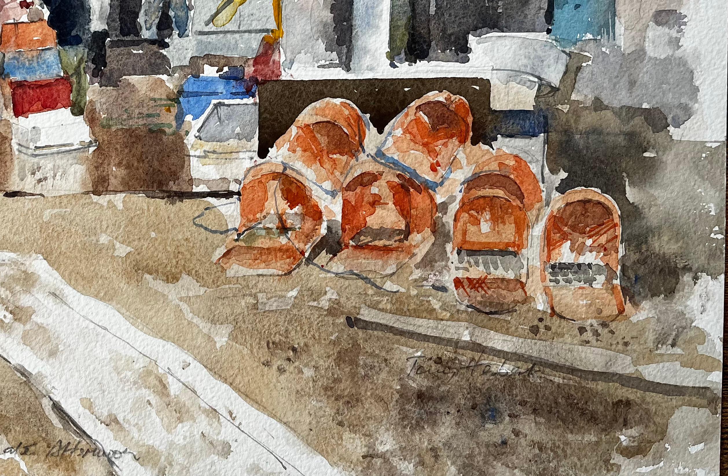 Titel: Original-Aquarell Aldeburgh Fischerkai-Szene mit Hummerpötten und Markt
Von Tony Herbert (1927-2024)
Unterschrieben: Unten rechts
Medium: Aquarell auf Künstlerpapier
Größe: 9,75 x 13,5 Zoll
Zustand: Insgesamt gut; leichte Abnutzung an den