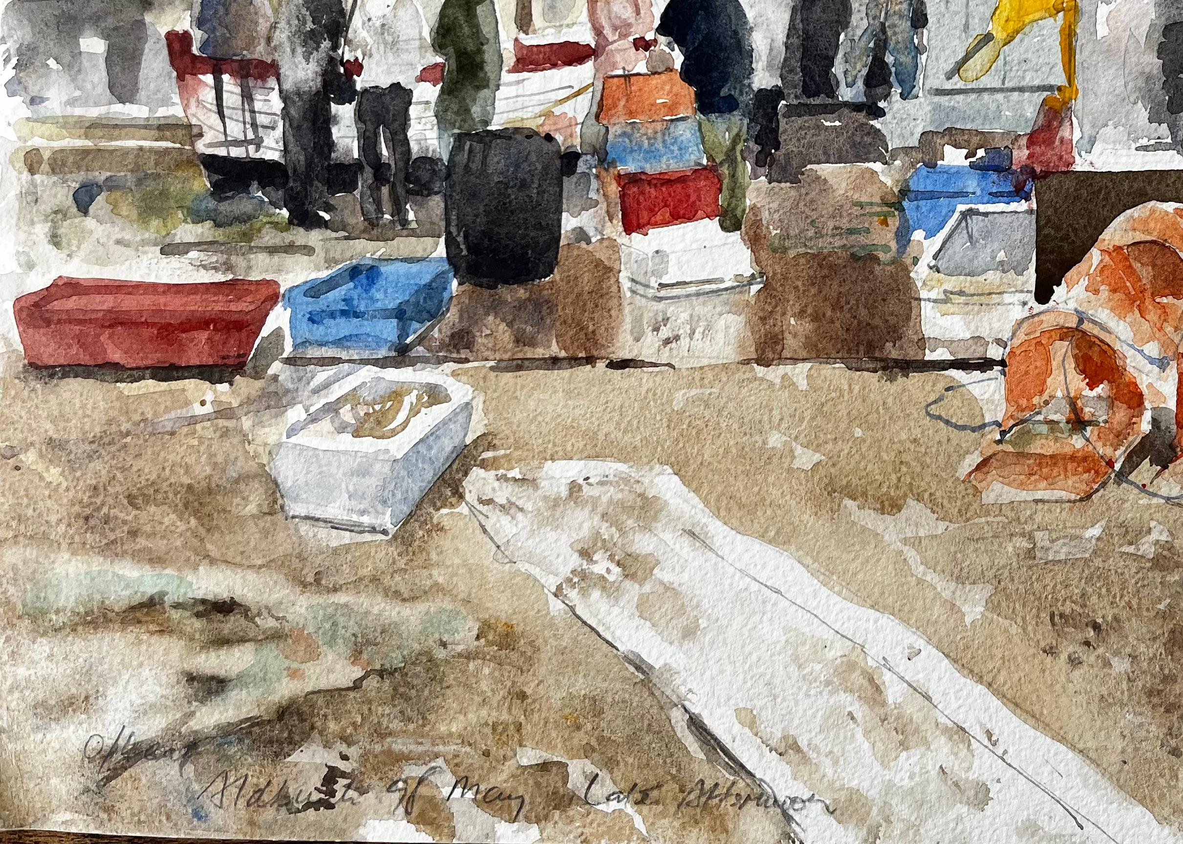 Original-Aquarell Aldeburgh Fischereikai Szene mit Hummer Töpfe und Markt im Angebot 1