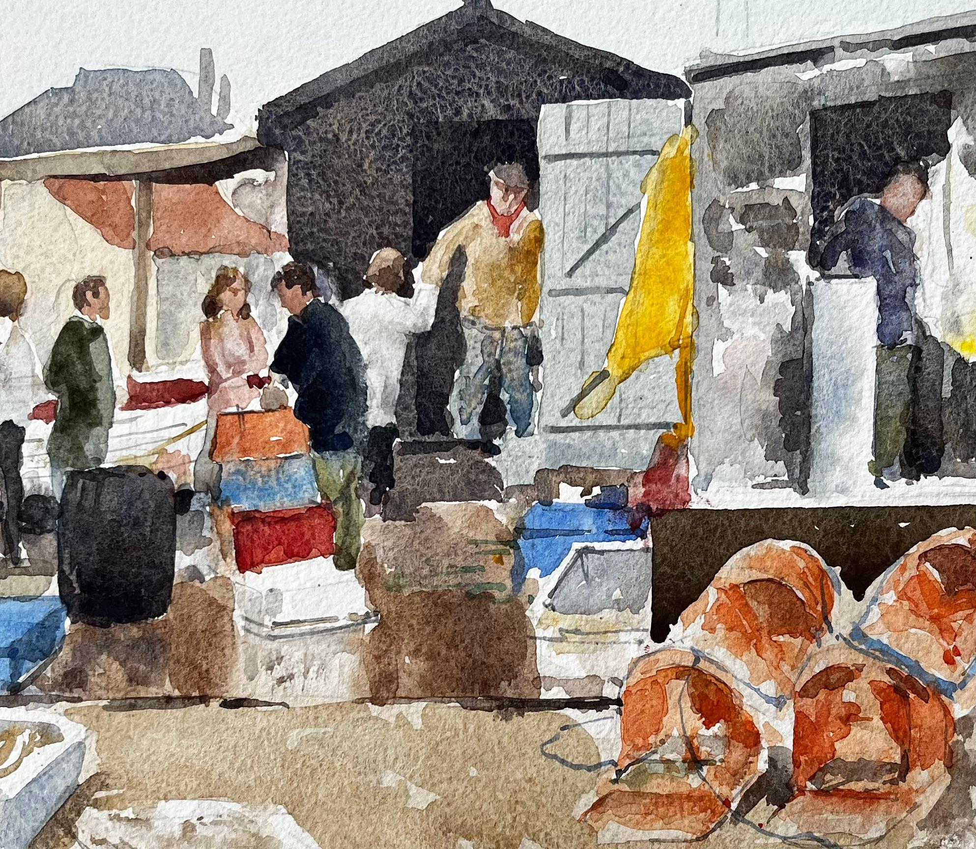 Original-Aquarell Aldeburgh Fischereikai Szene mit Hummer Töpfe und Markt im Angebot 2