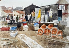 Acquerello originale Aldeburgh Fishing Quay Scene with Lobster Pots and Market (Scena del molo di pesca di Aldeburgh con vasi di aragoste e mercato)
