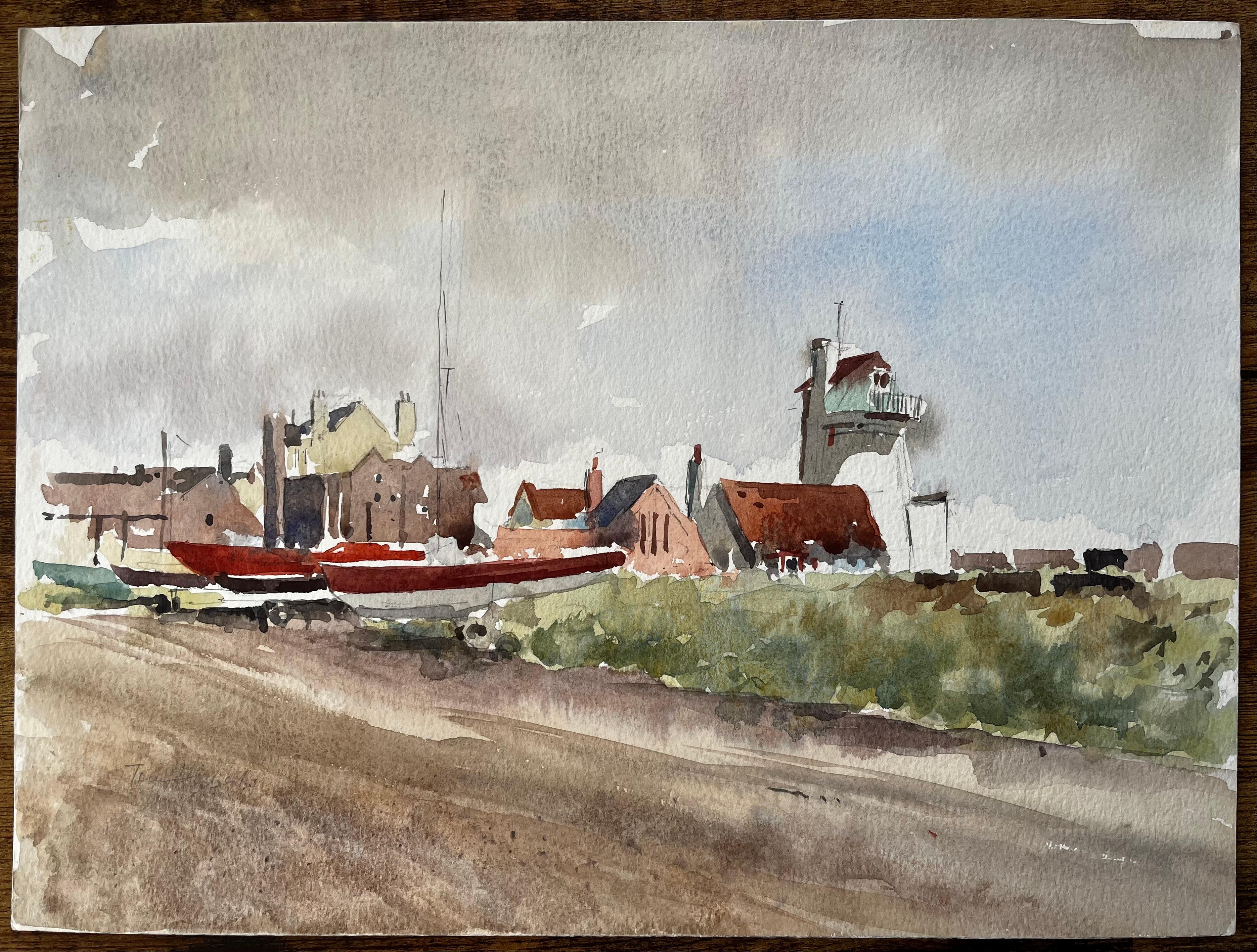 Original-Aquarell Aldeburgh Suffolk Coastal Tower Boote und Gebäude – Painting von Anthony Herbert