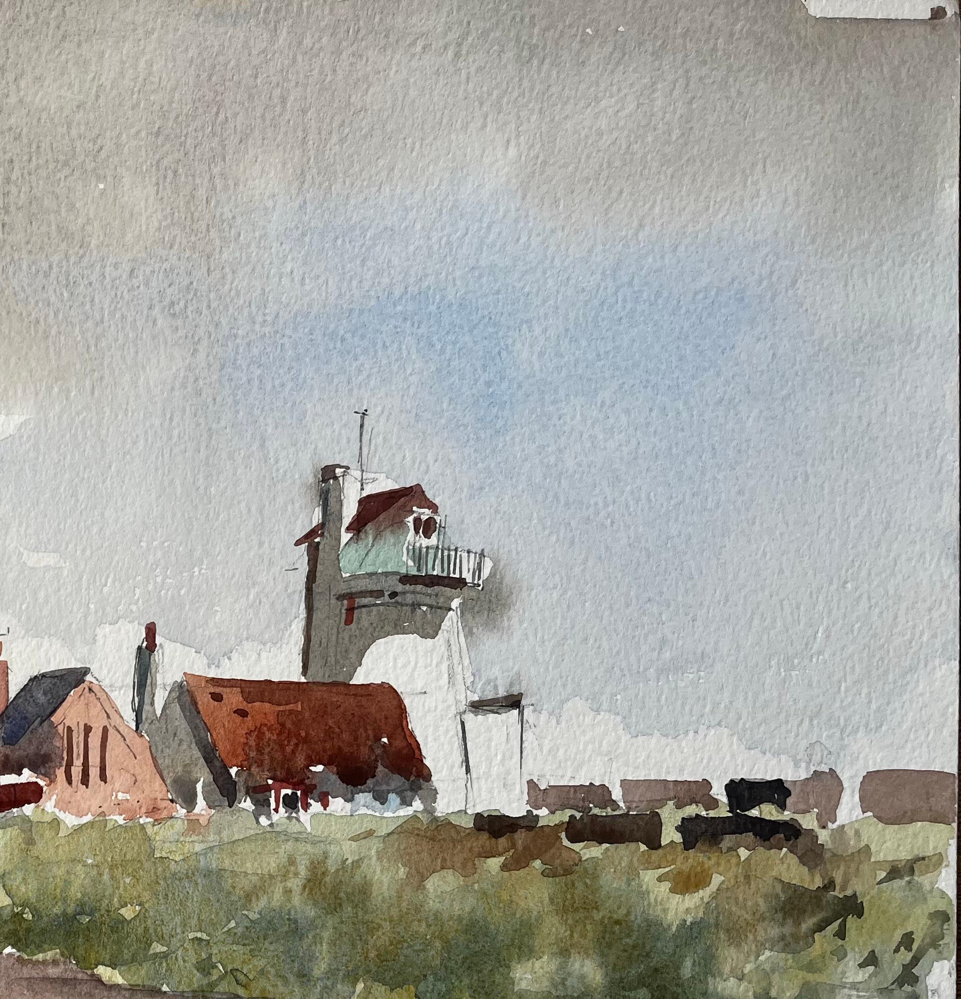 Original-Aquarell Aldeburgh Suffolk Coastal Tower Boote und Gebäude (Grau), Landscape Painting, von Anthony Herbert