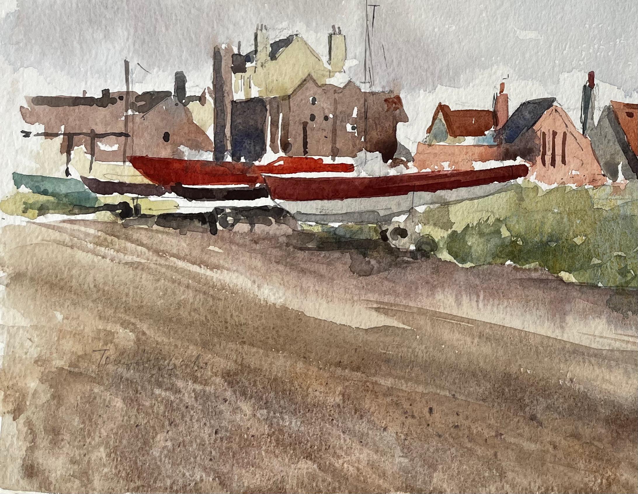 Titel: Original-Aquarell Aldeburgh Suffolk Coastal Tower Boote und Gebäude
Von Tony Herbert (1927-2024)
Medium: Aquarell auf Künstlerpapier
Größe: 11,25 x 15 Zoll
Zustand: Insgesamt gut; leichte Abnutzung an den Ecken und leichte Verformung am