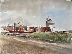 Acquerello originale Aldeburgh Suffolk Torre costiera Barche ed edifici