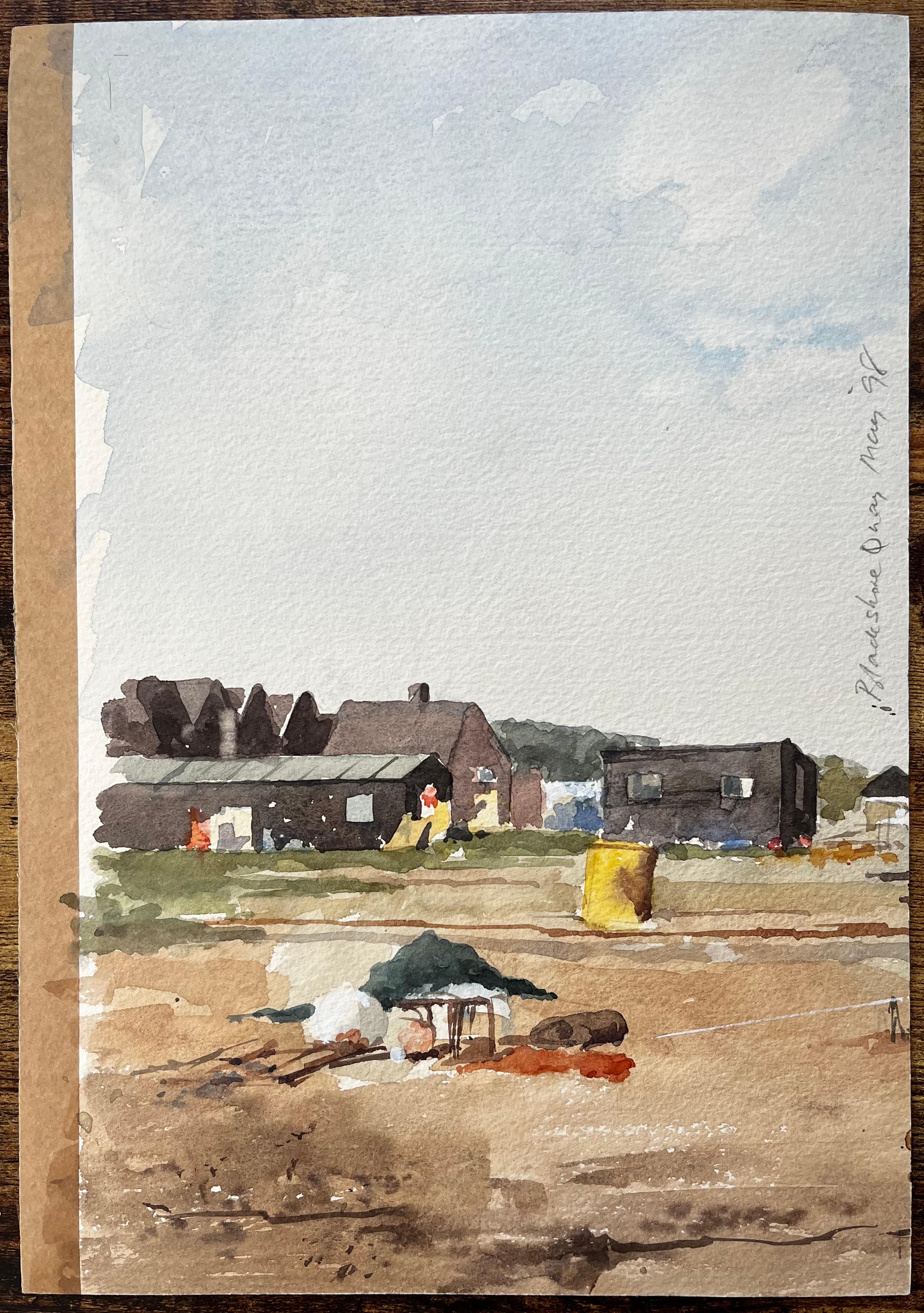 Aquarelle originale Blakesley Quay Suffolk Coastal Bâtiments et scène de sable - Art de Anthony Herbert