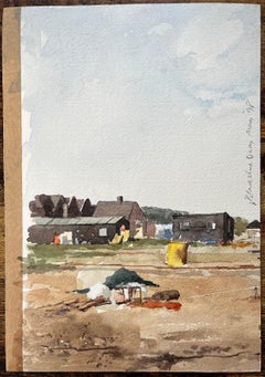 Original Watercolour Blakesley Quay Suffolk Coastal Buildings and Sand Scene