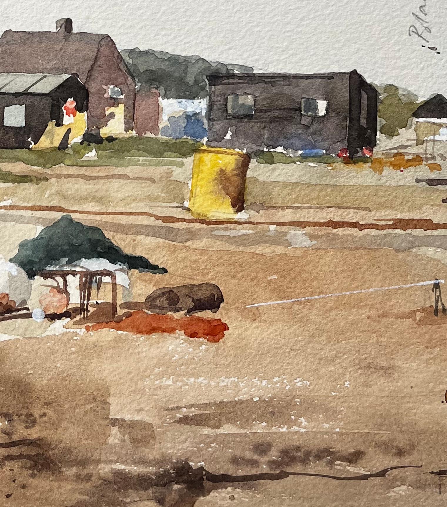 Aquarelle originale Blakesley Quay Suffolk Coastal Bâtiments et scène de sable - Impressionnisme Art par Anthony Herbert
