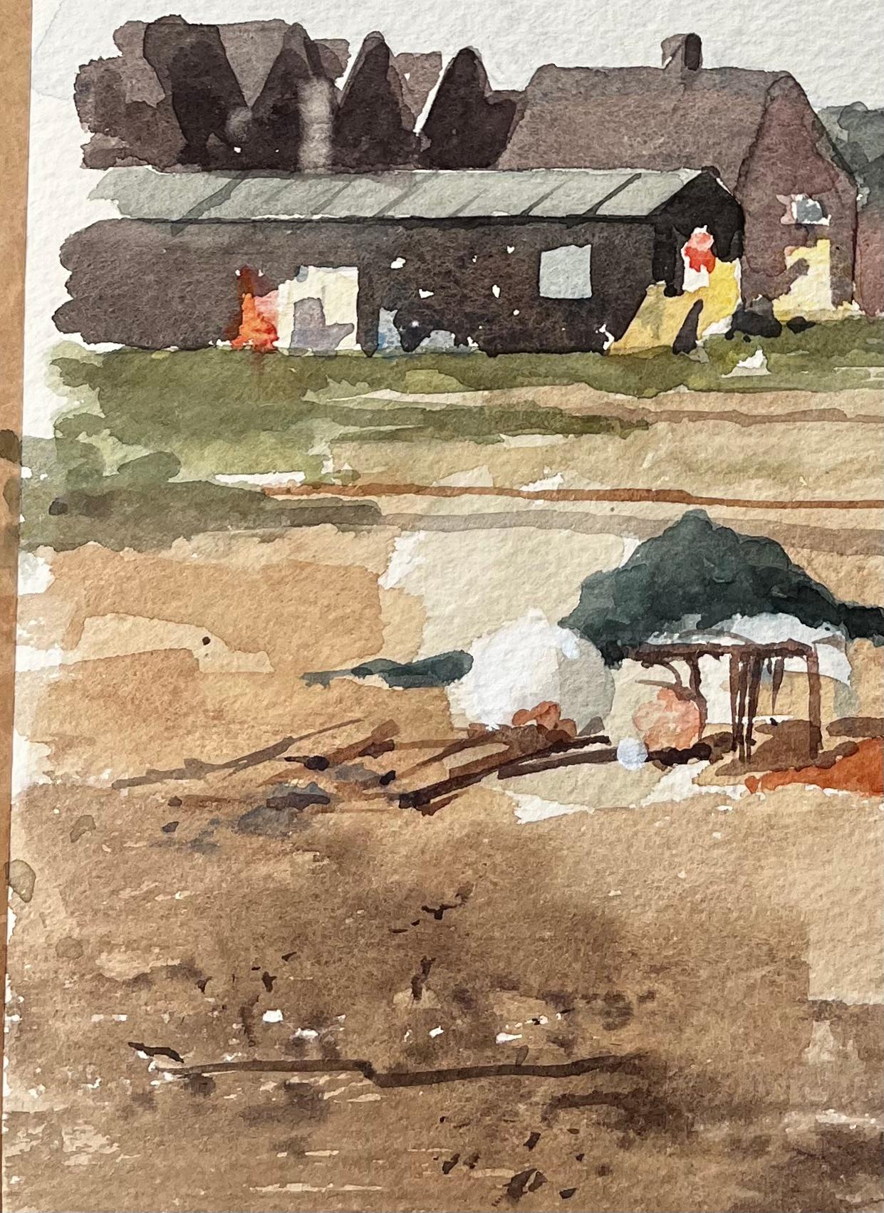 Aquarelle originale Blakesley Quay Suffolk Coastal Bâtiments et scène de sable - Beige Landscape Art par Anthony Herbert