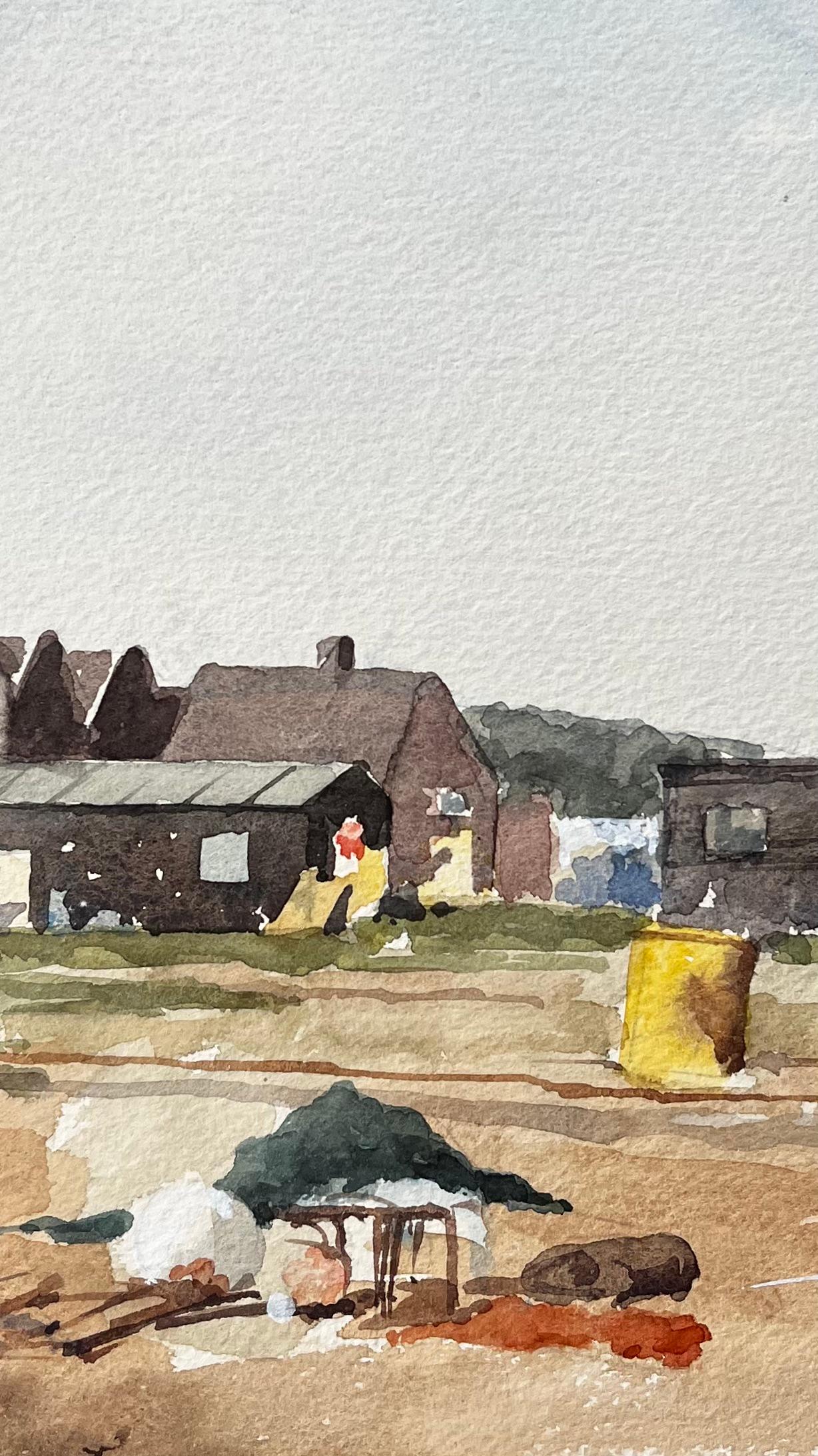 Titre : Aquarelle originale Blakesley Quay Suffolk Coastal Buildings and Sand Scene (Scène de sable et bâtiments côtiers du Suffolk)
Par Tony Herbert (1927-2024)
Moyen d'expression : Aquarelle sur papier d'artiste
Taille : 13.75 x 9.75 pouces
Condit