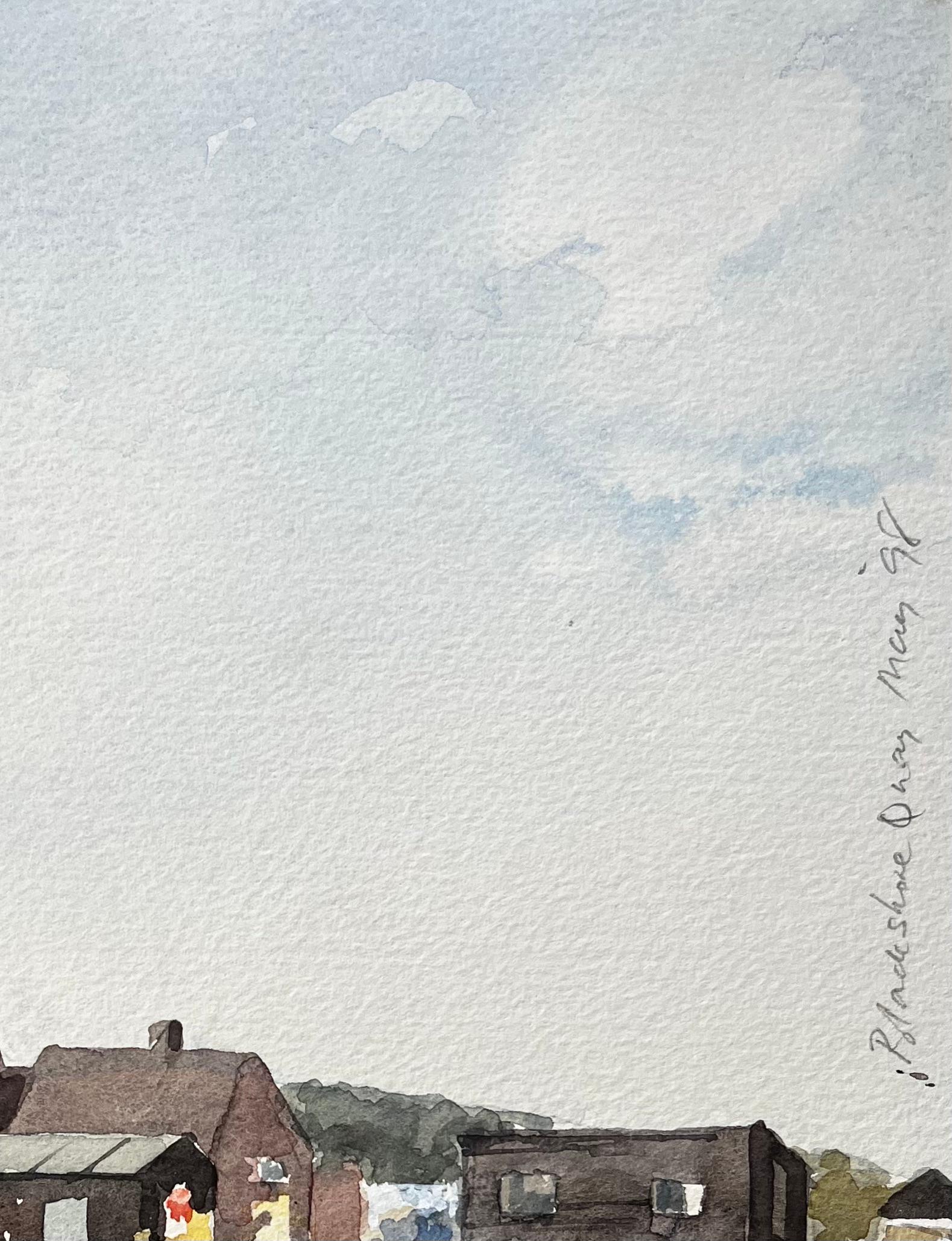 Aquarelle originale Blakesley Quay Suffolk Coastal Bâtiments et scène de sable en vente 1