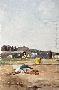 Acquerello originale di Blakesley Quay, edifici della costa del Suffolk e scena di sabbia