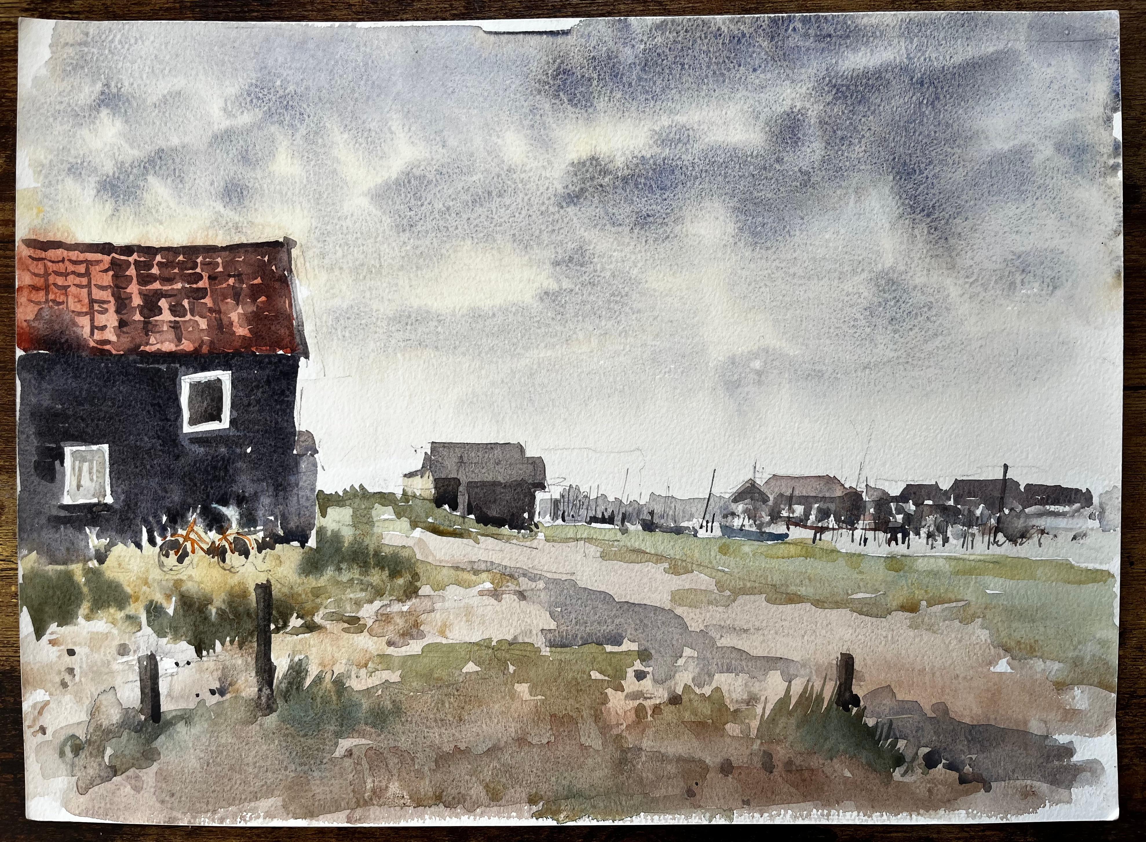 Original-Aquarell Küstenlandschaft mit Fischerhütten und Fahrrad – Painting von Anthony Herbert