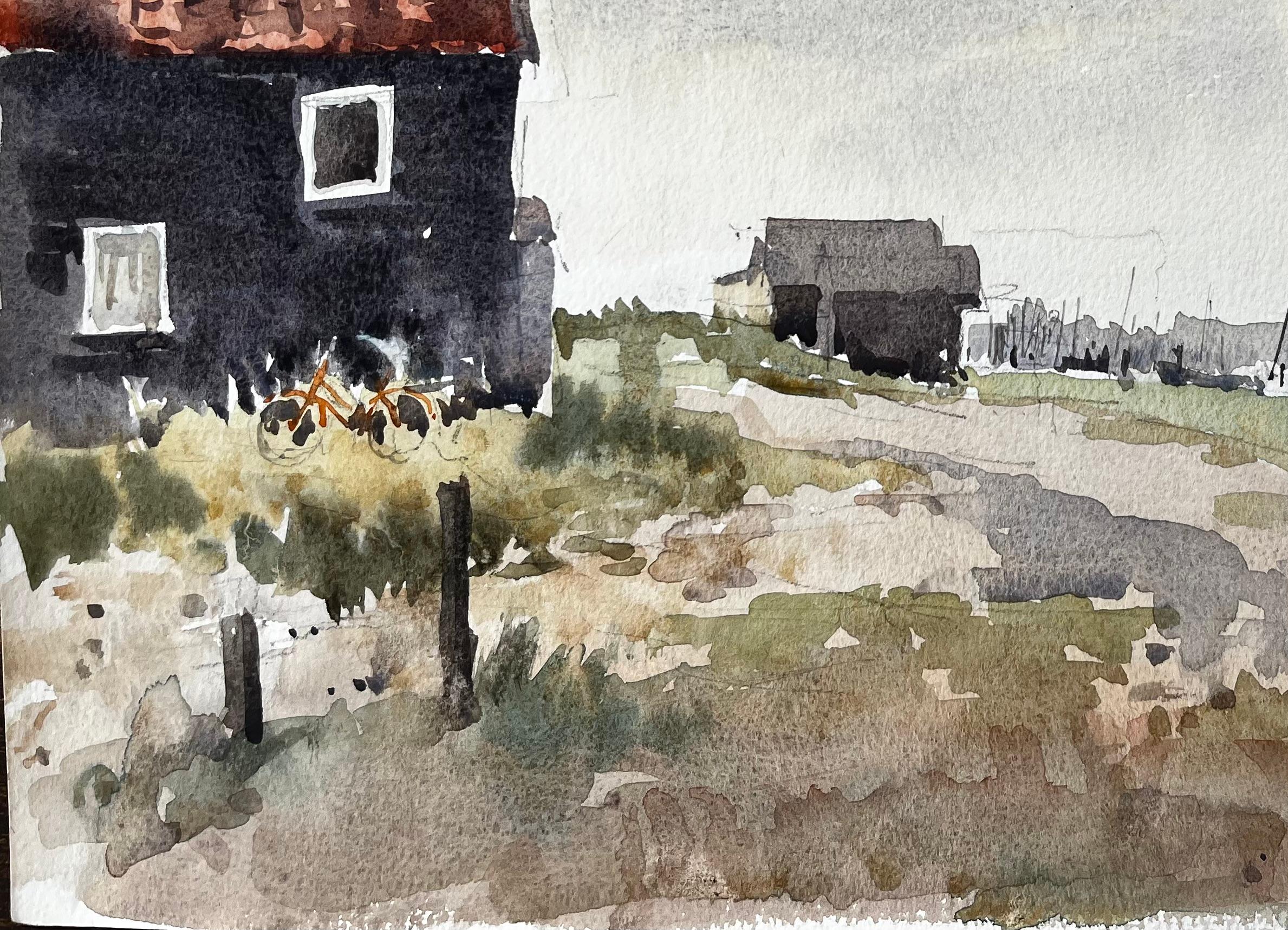Original-Aquarell Küstenlandschaft mit Fischerhütten und Fahrrad (Impressionismus), Painting, von Anthony Herbert