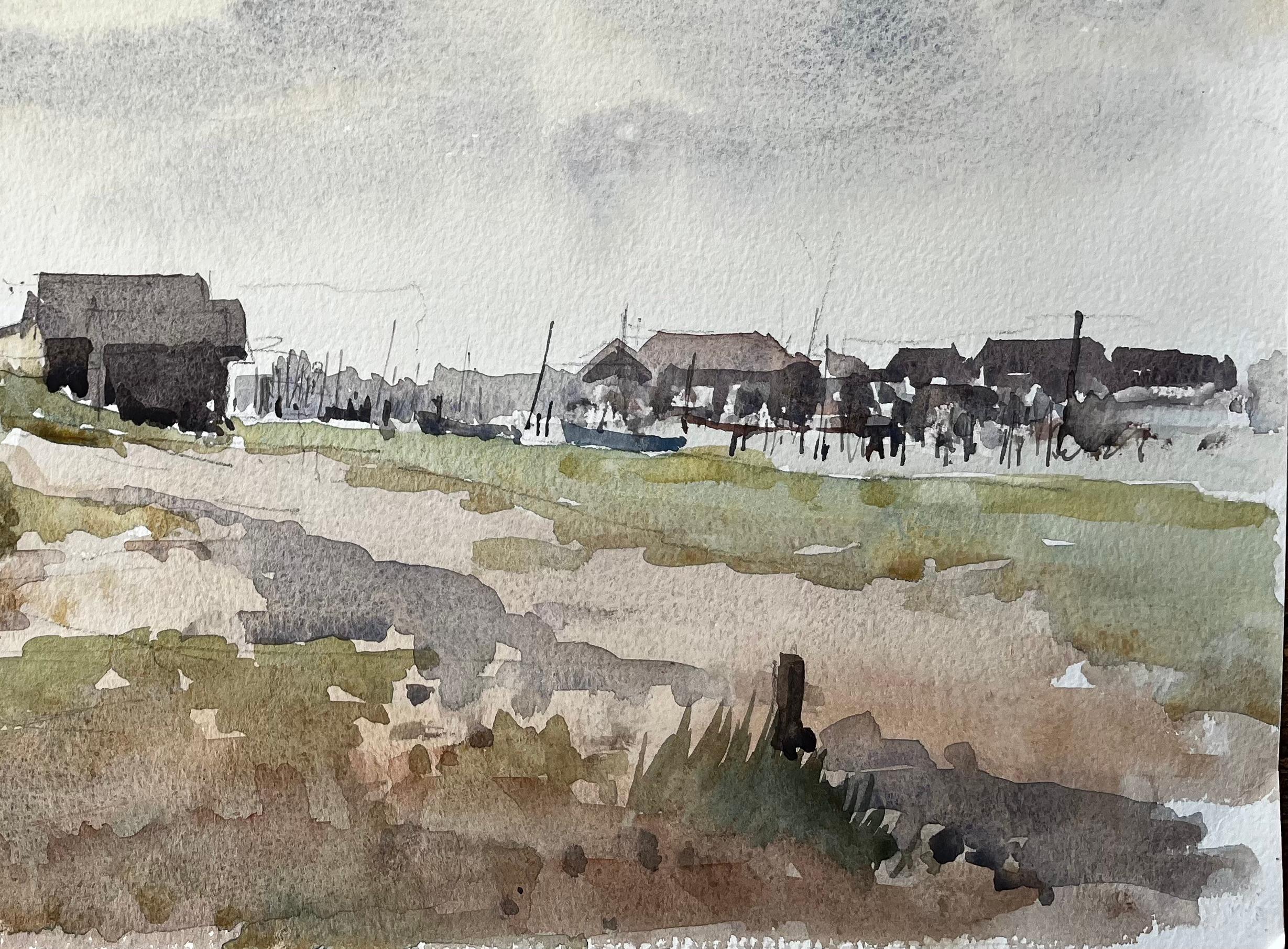 Original-Aquarell Küstenlandschaft mit Fischerhütten und Fahrrad (Grau), Landscape Painting, von Anthony Herbert