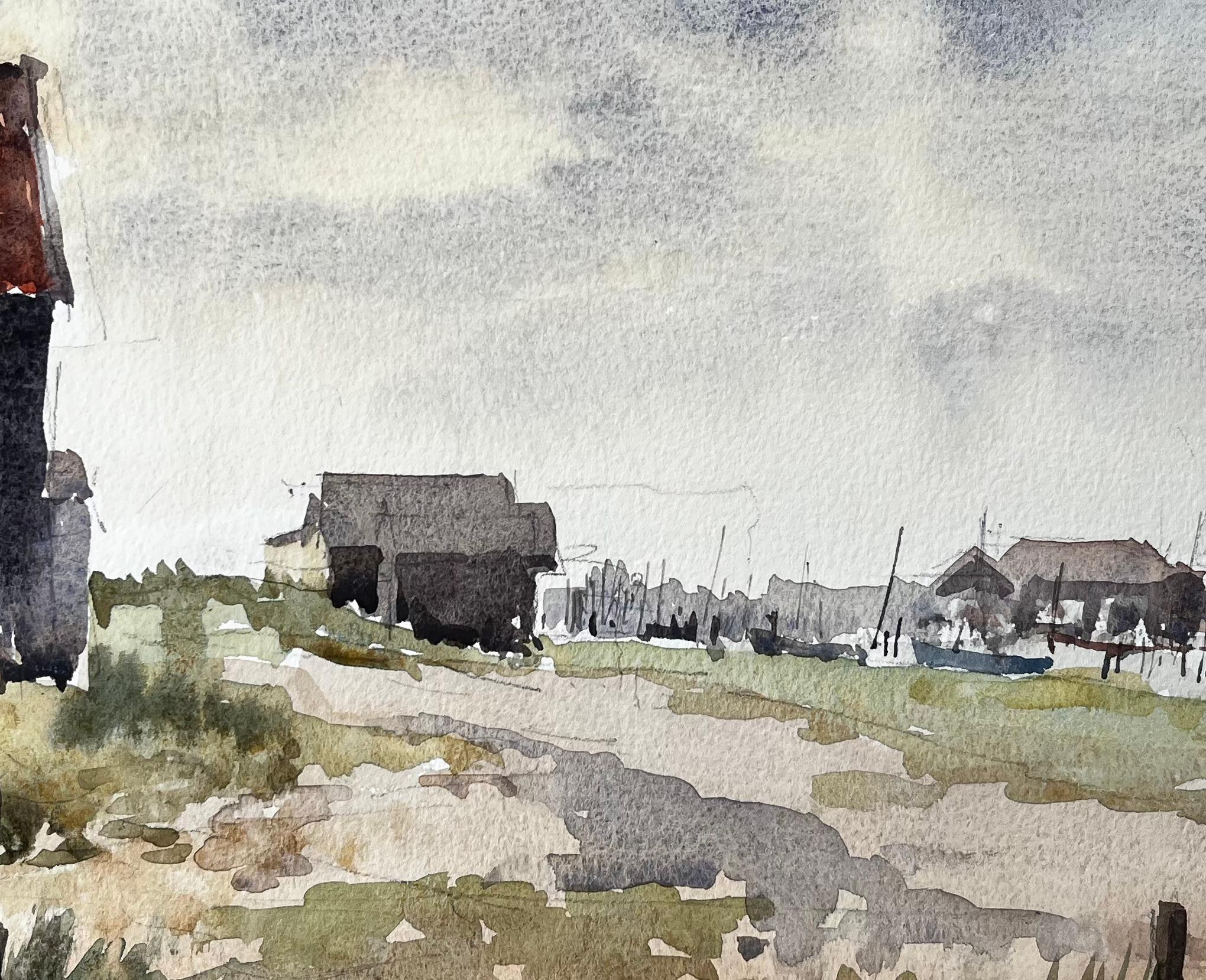 Original-Aquarell Küstenlandschaft mit Fischerhütten und Fahrrad im Angebot 1