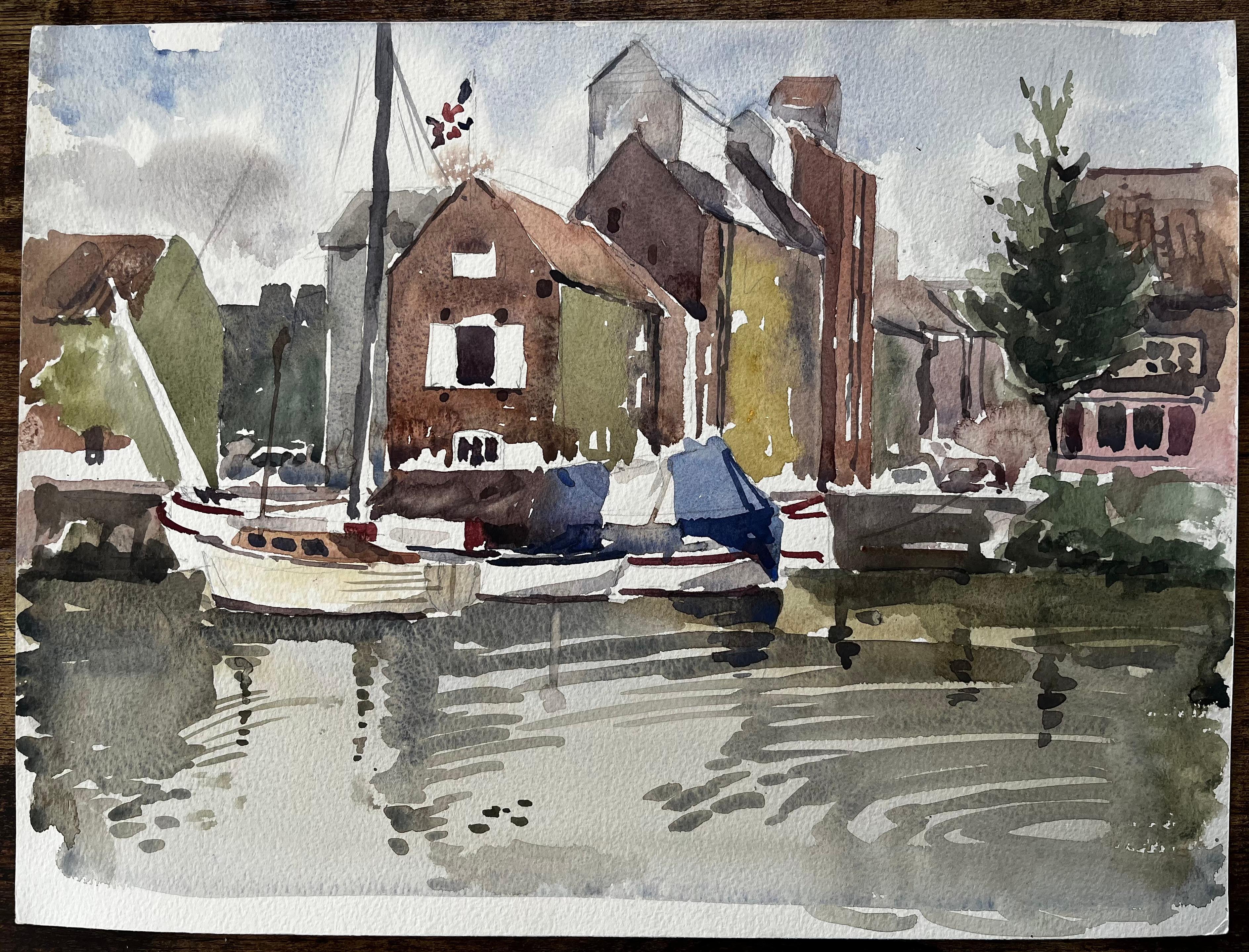 Original-Aquarell Verankerte Segelboote und Uferbebauung mit Spiegelungen – Art von Anthony Herbert