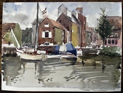 Aquarelle originale Voiliers amarrés et bâtiments riverains avec reflets