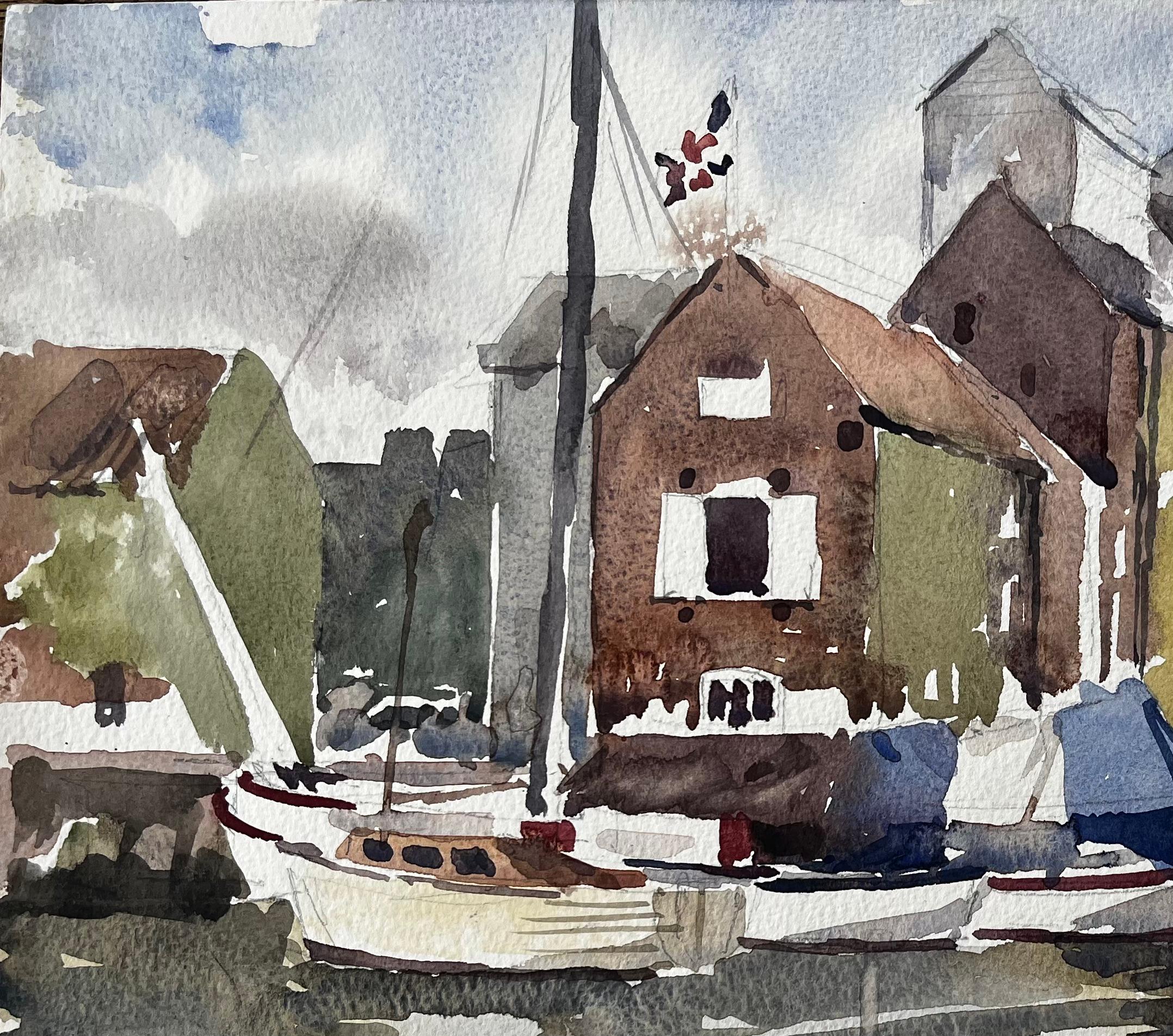 Original-Aquarell Verankerte Segelboote und Uferbebauung mit Spiegelungen (Impressionismus), Art, von Anthony Herbert