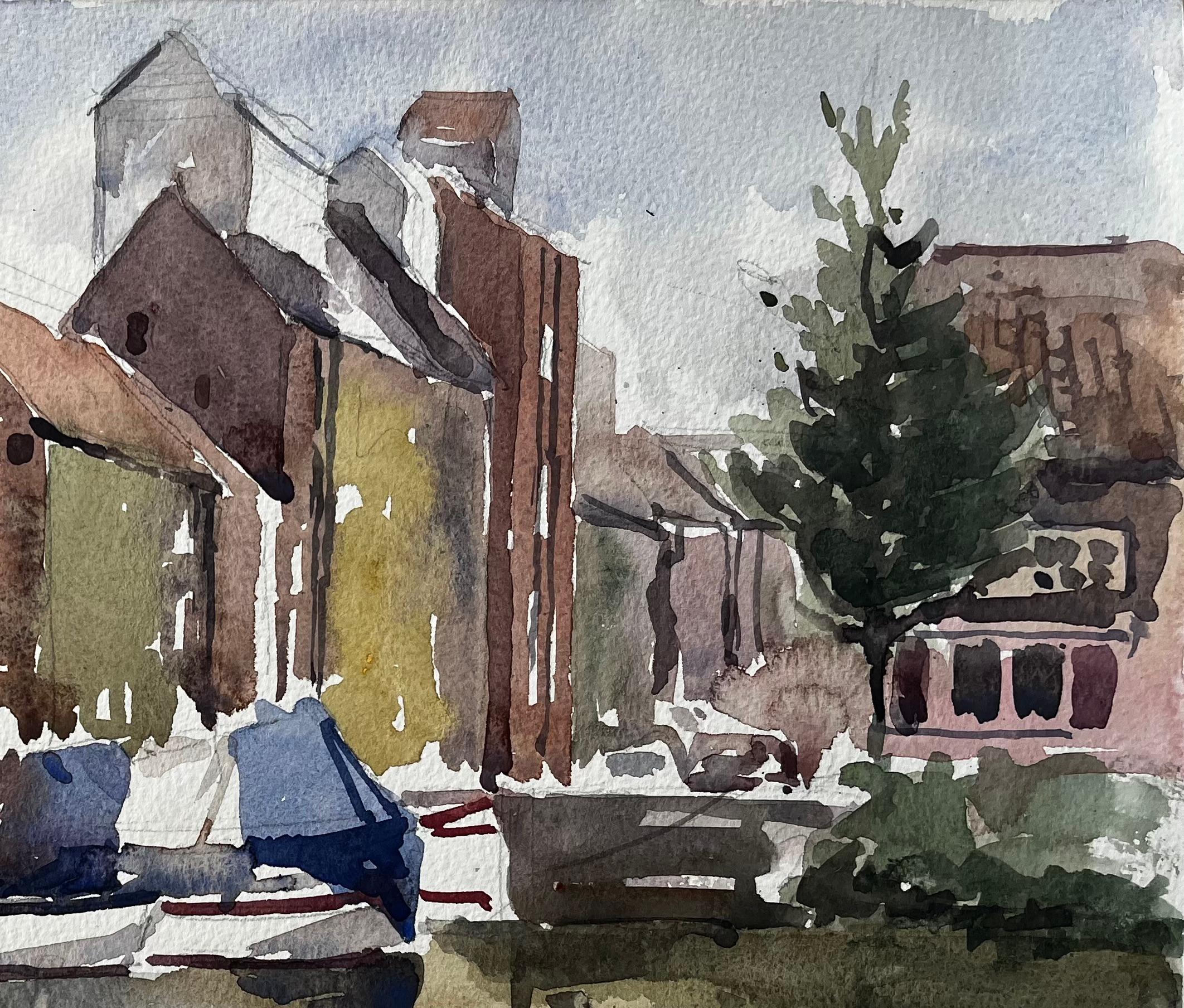 Original-Aquarell Verankerte Segelboote und Uferbebauung mit Spiegelungen (Grau), Landscape Art, von Anthony Herbert