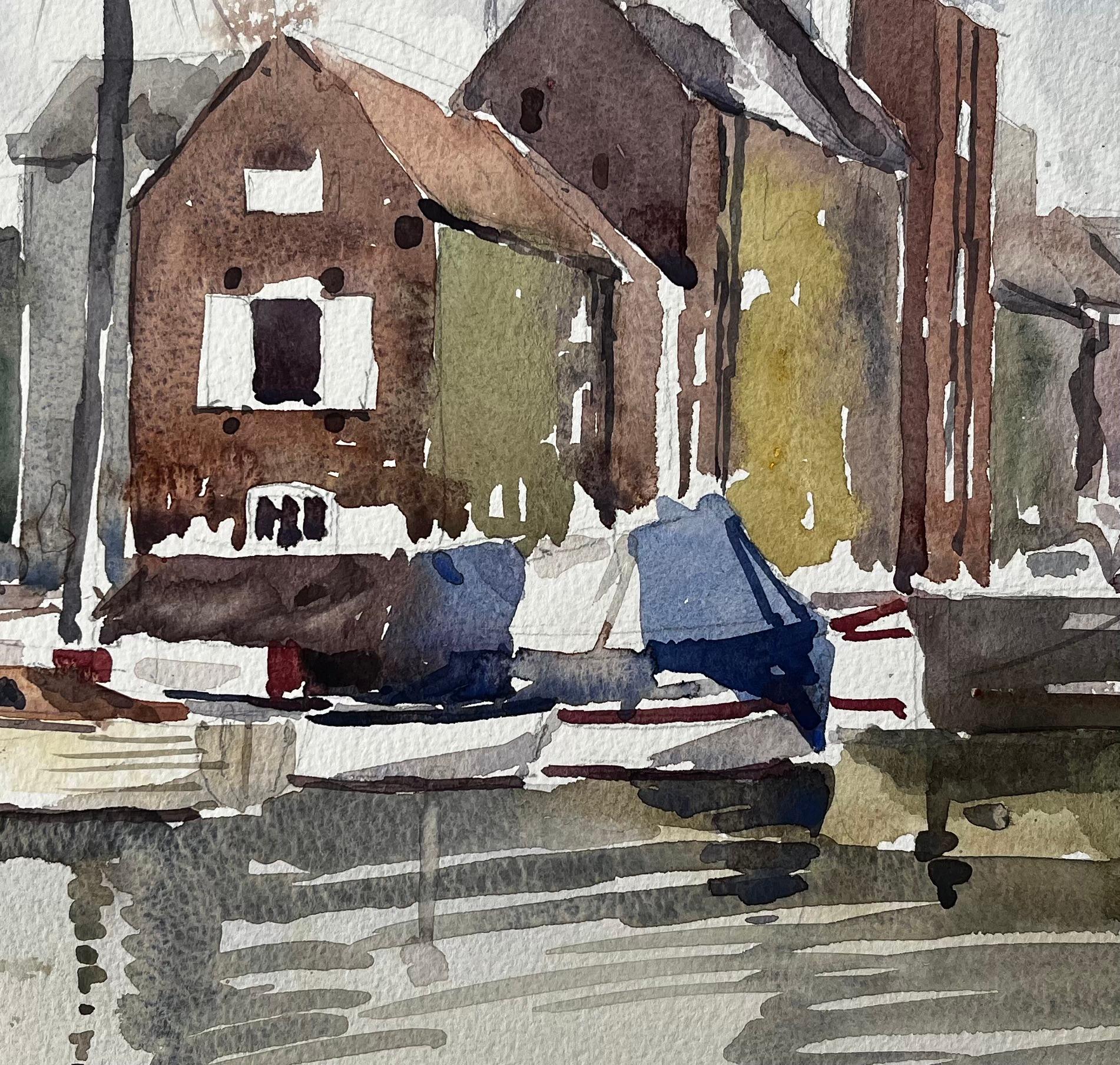 Original-Aquarell Verankerte Segelboote und Uferbebauung mit Spiegelungen im Angebot 1