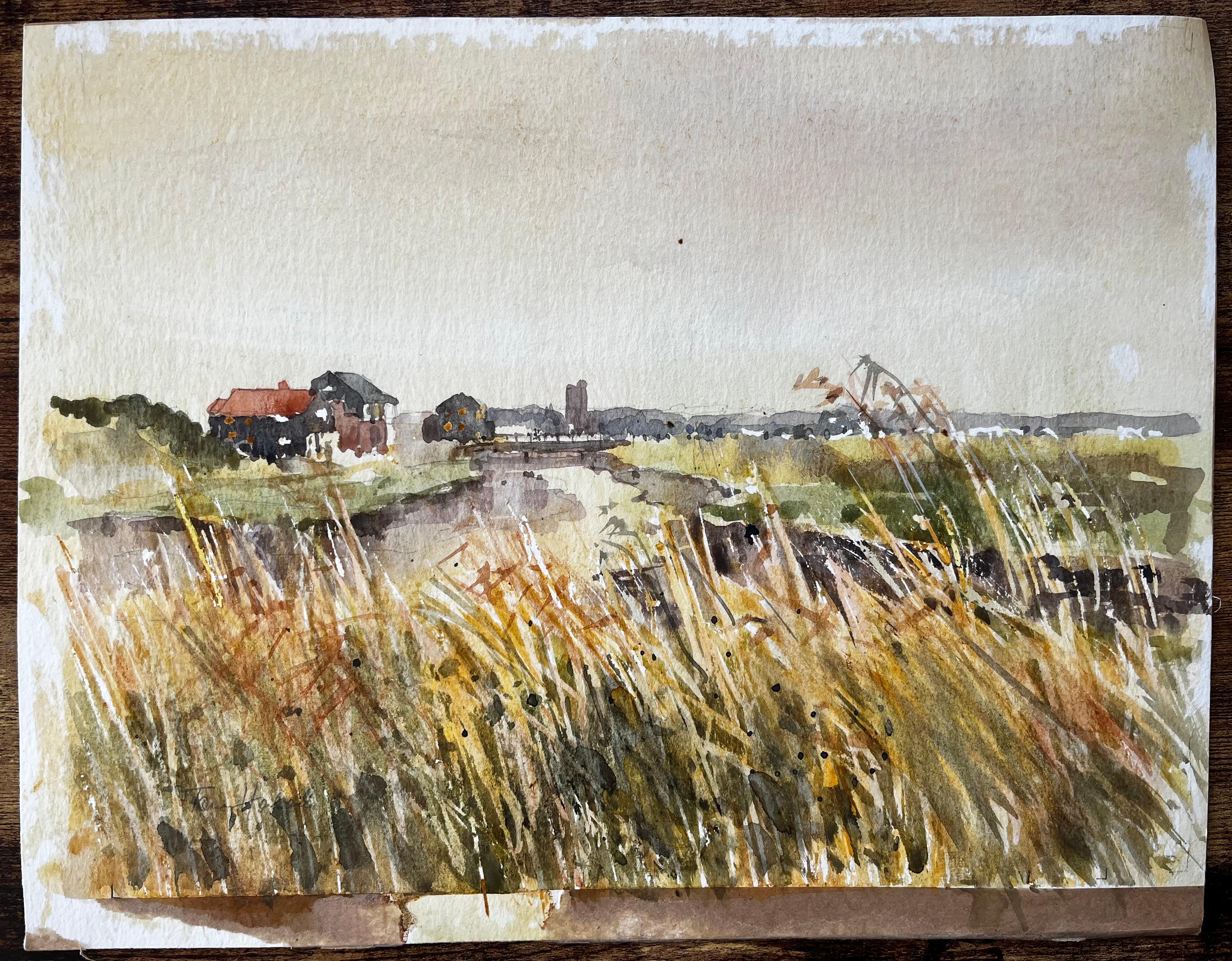 Original-Aquarell Flusslandschaft mit vom Wind verwehten Gräsern und entfernter Church's – Painting von Anthony Herbert