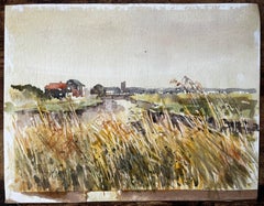 Original Watercolour River Landscape with Windblown Grasses and Distant Church