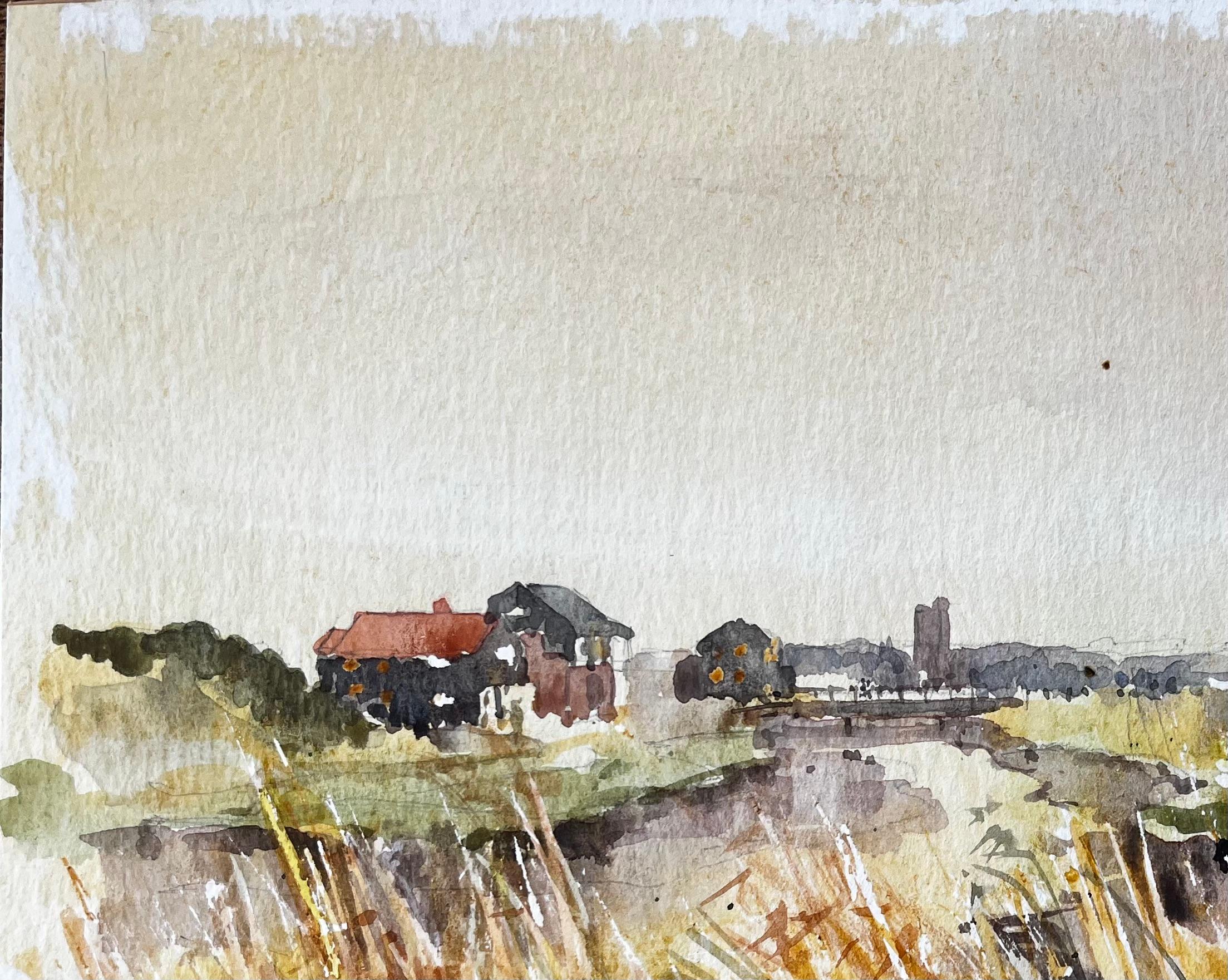 Original-Aquarell Flusslandschaft mit vom Wind verwehten Gräsern und entfernter Church's (Impressionismus), Painting, von Anthony Herbert