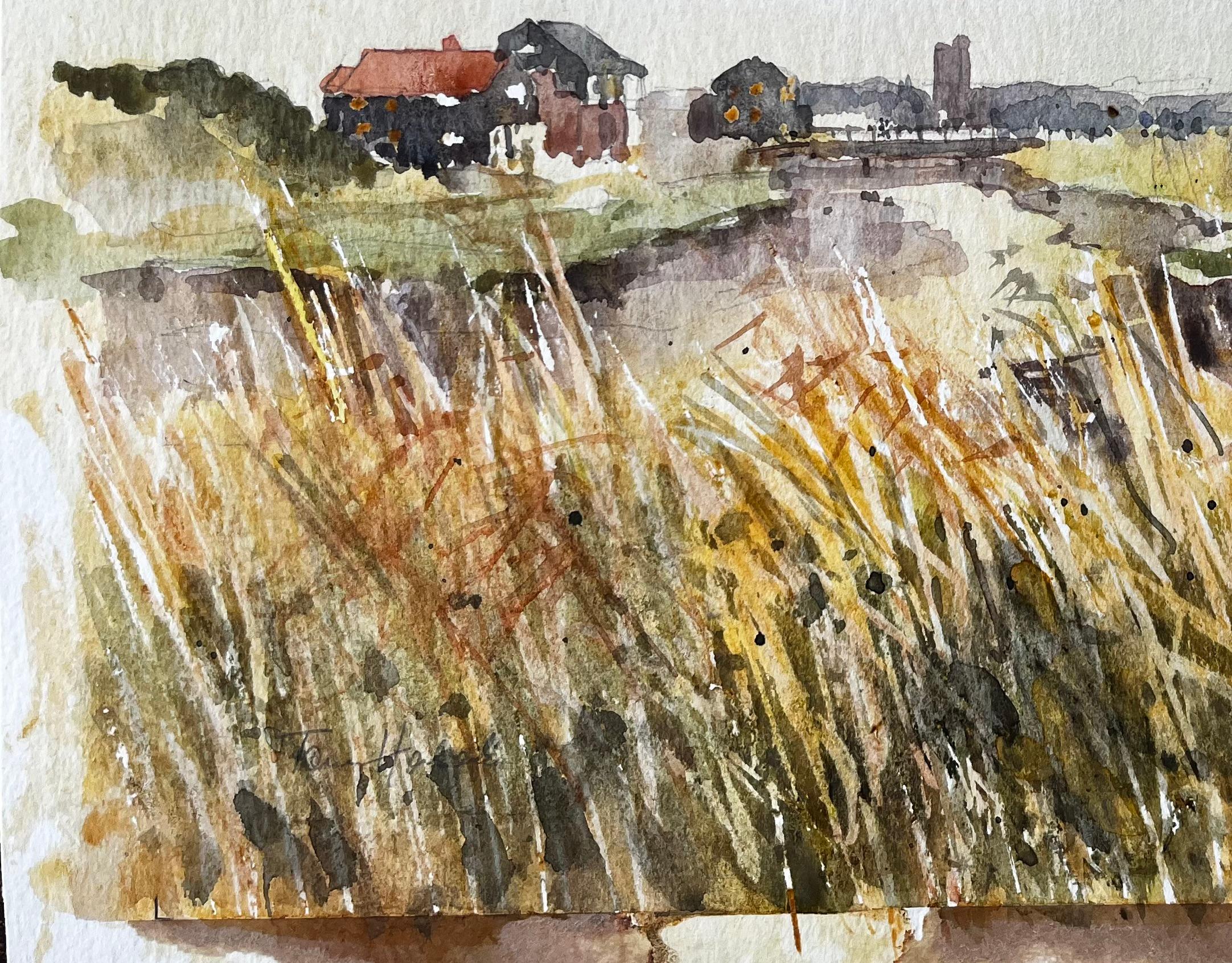 Original-Aquarell Flusslandschaft mit vom Wind verwehten Gräsern und entfernter Church's (Beige), Landscape Painting, von Anthony Herbert