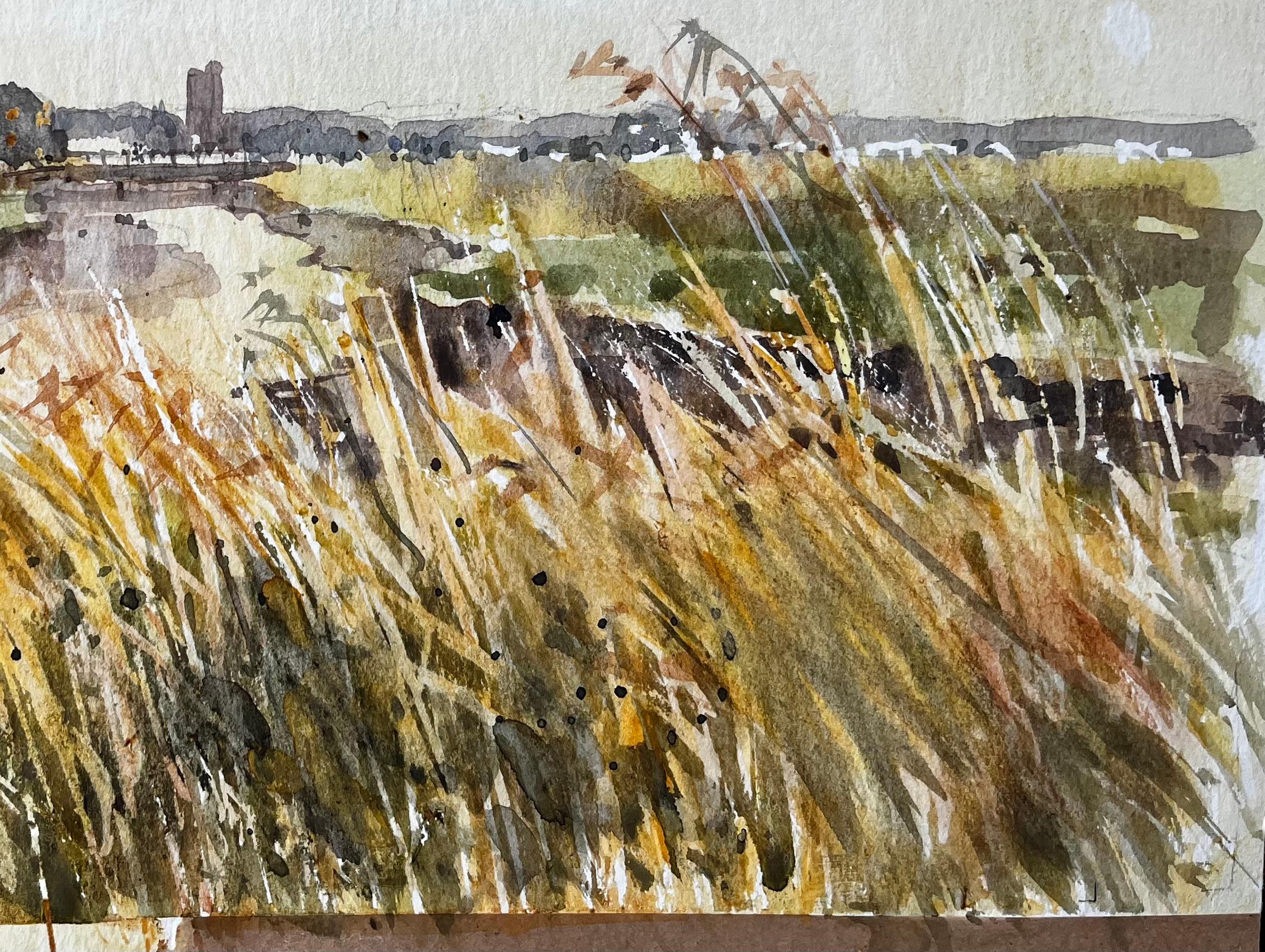 Titel: Original-Aquarell Flusslandschaft mit windverwehten Gräsern und entfernter Church's
Von Tony Herbert (1927-2024)
Medium: Aquarell auf Künstlerpapier
Größe: 10,5 x 13,5 Zoll
Zustand: Insgesamt gut; leichte Abnutzung an den Ecken und leichte