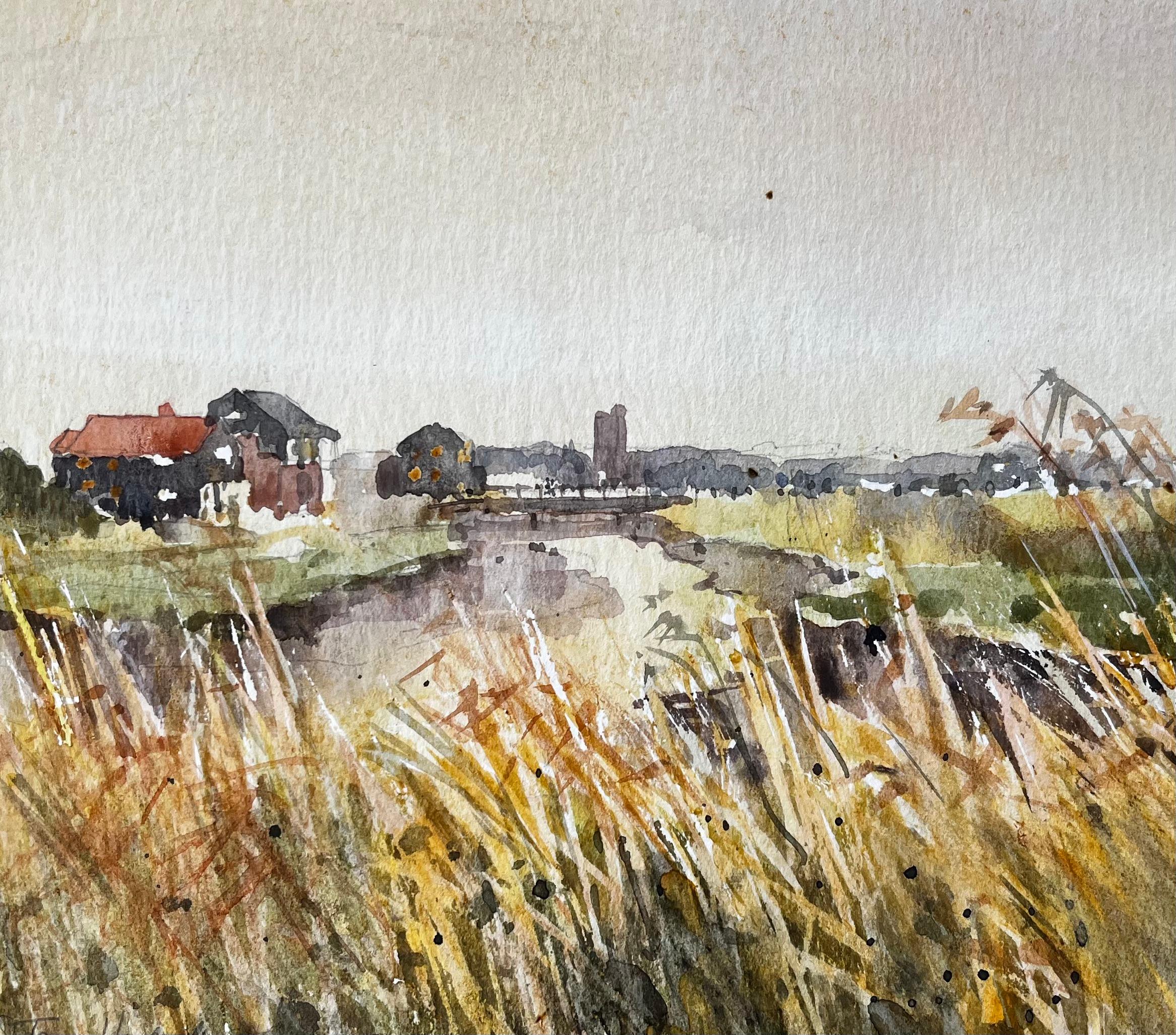 Original-Aquarell Flusslandschaft mit vom Wind verwehten Gräsern und entfernter Church's im Angebot 2