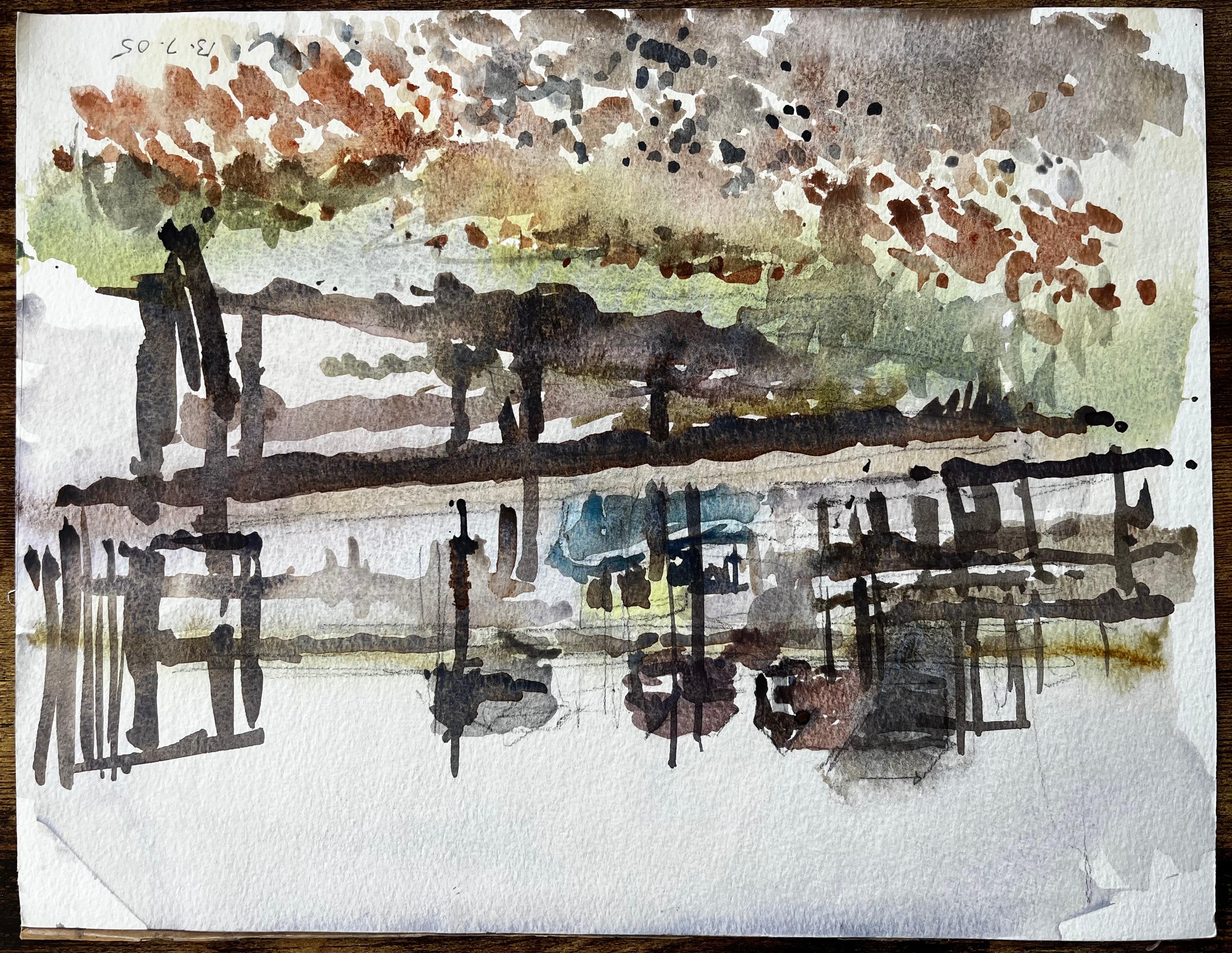 Original-Aquarell Flusslandschaft mit vom Wind verwehten Gräsern und entfernter Church's im Angebot 3