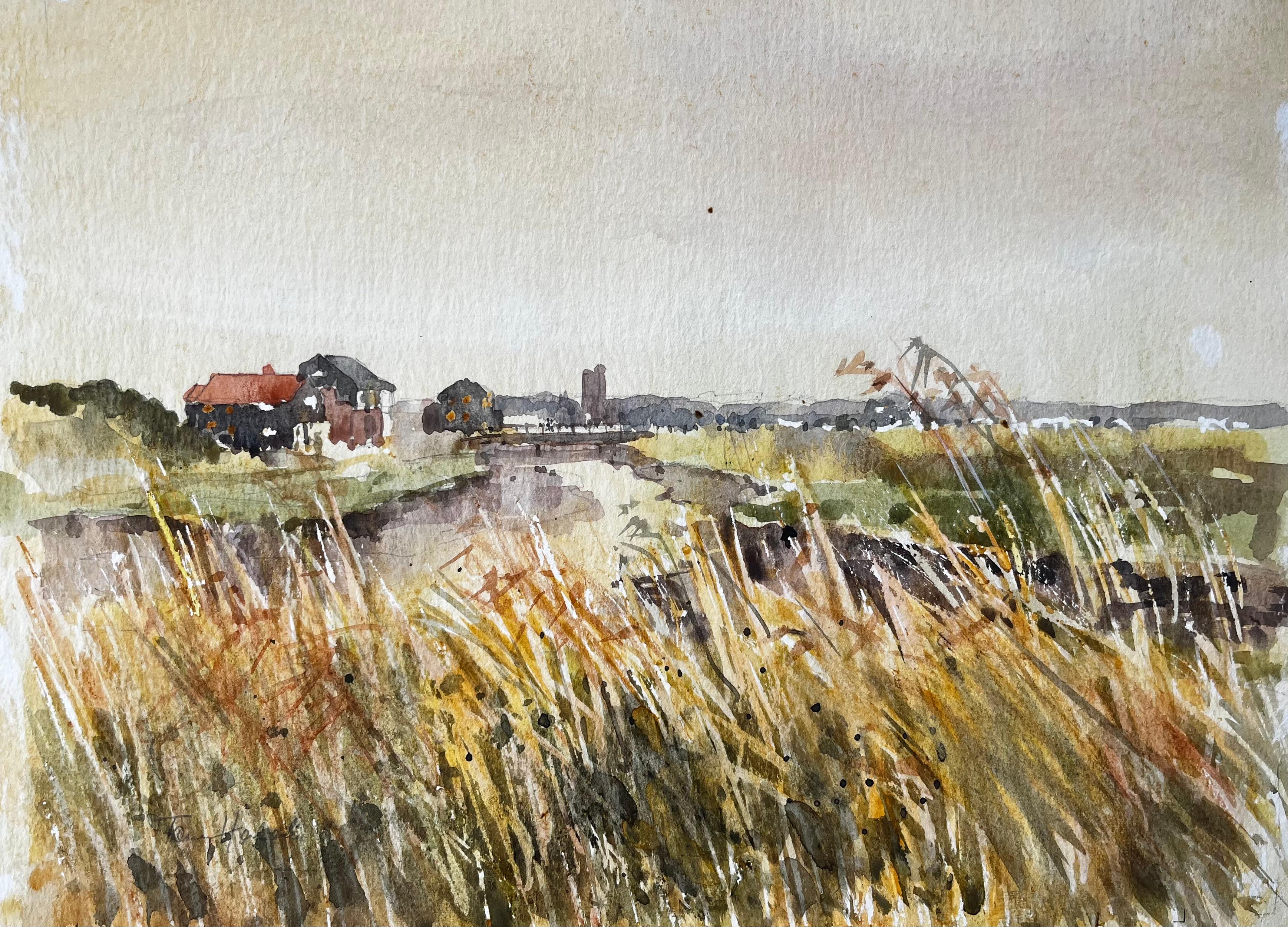Anthony Herbert Landscape Painting – Original-Aquarell Flusslandschaft mit vom Wind verwehten Gräsern und entfernter Church's