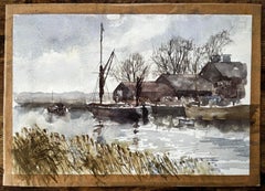 Original Watercolour Riverside Boatyard with Reflections and Winter Trees