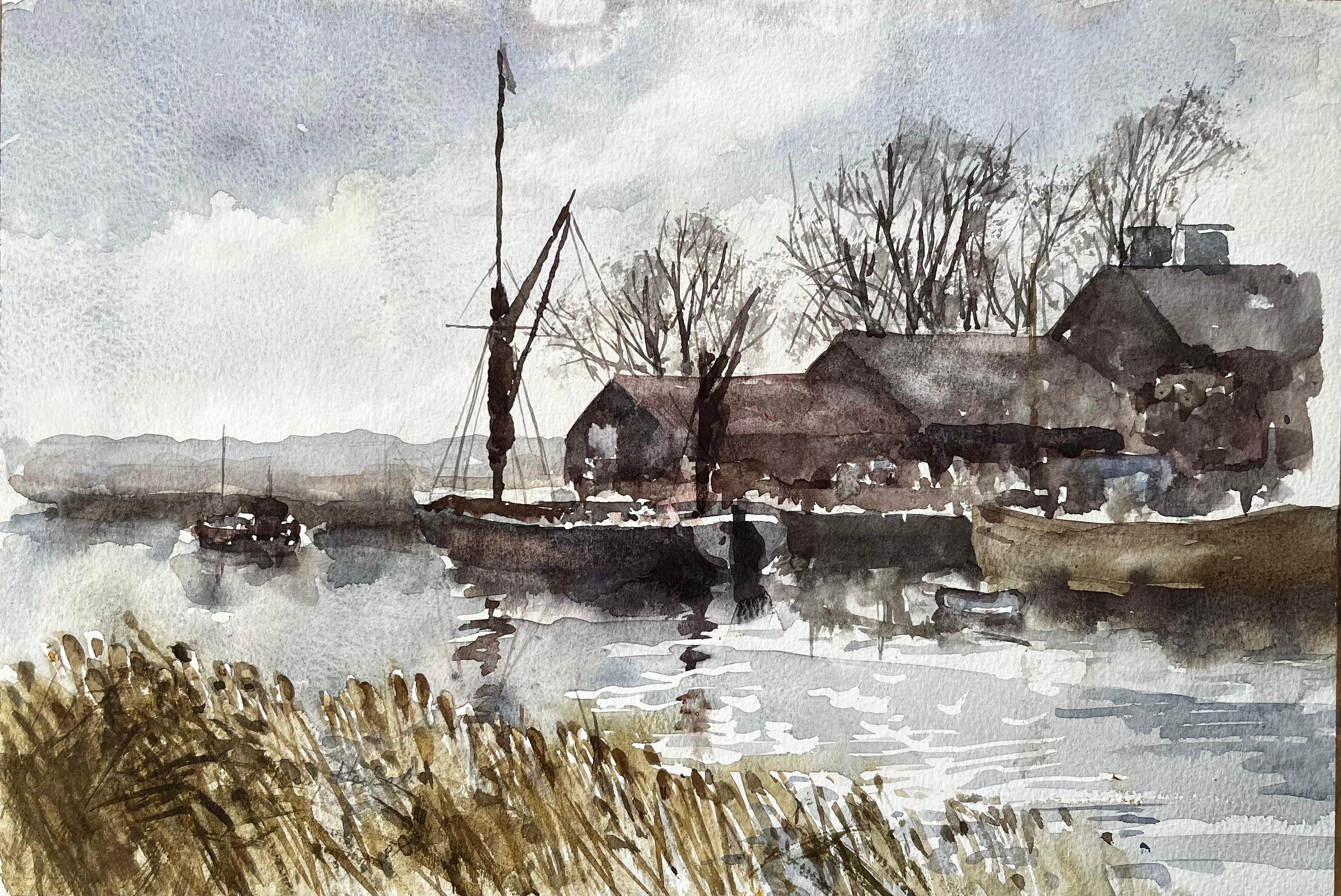 Anthony Herbert Landscape Painting - Original Watercolour Riverside Boatyard with Reflections and Winter Trees