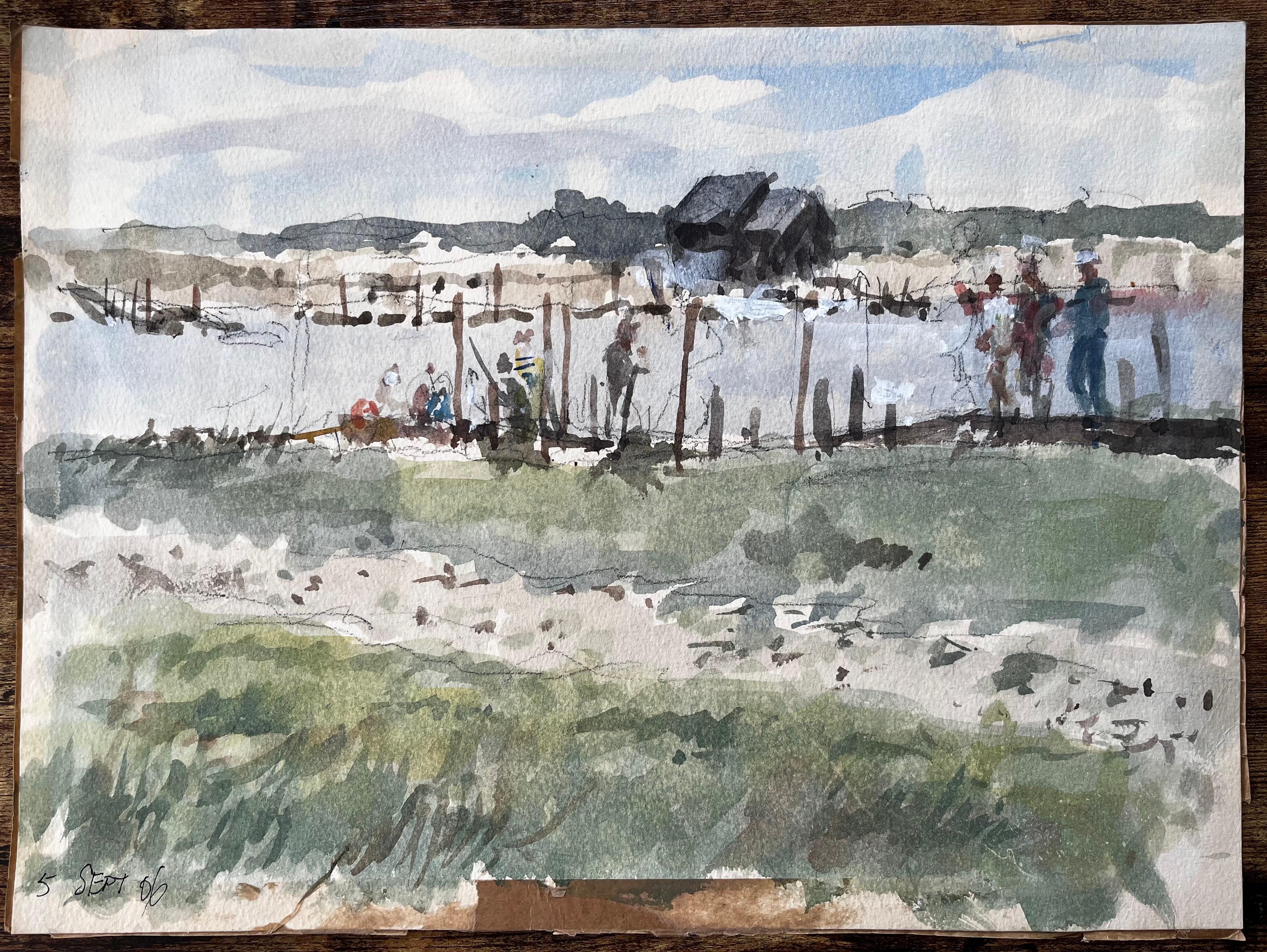 Original Watercolour Riverside Jetty with Figures 2006 by Tony Herbert - Painting by Anthony Herbert