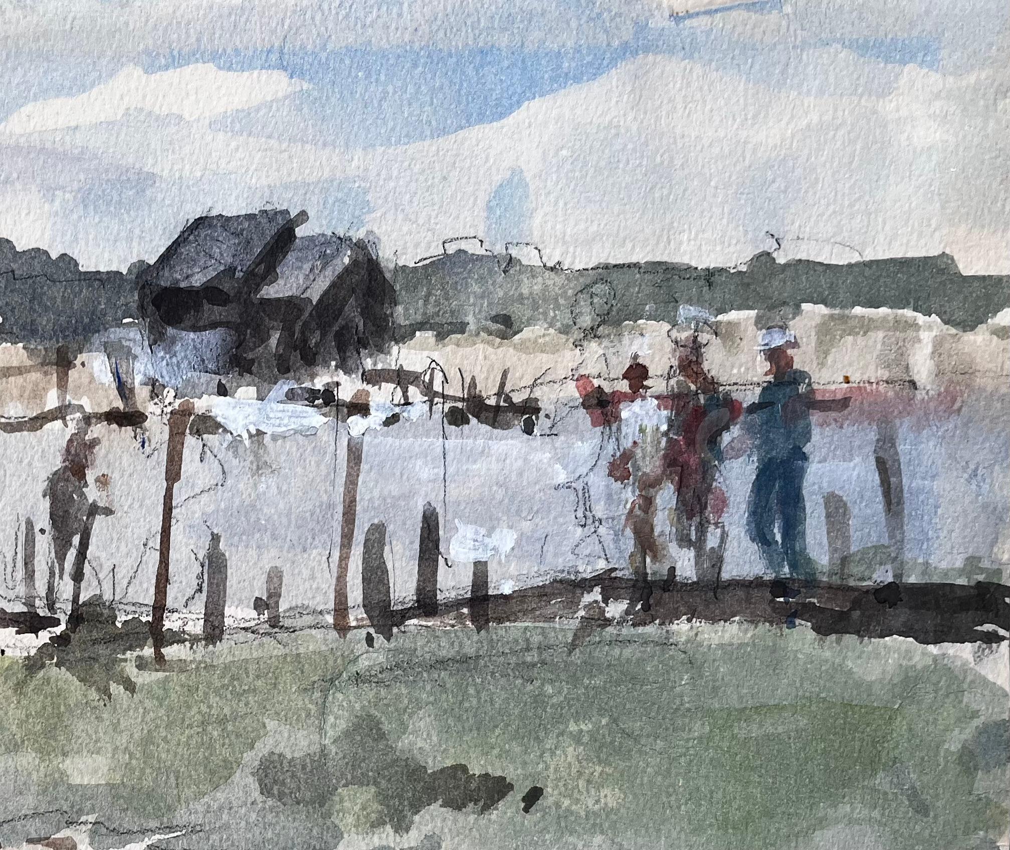 Original Watercolour Riverside Jetty with Figures 2006 by Tony Herbert - Impressionist Painting by Anthony Herbert
