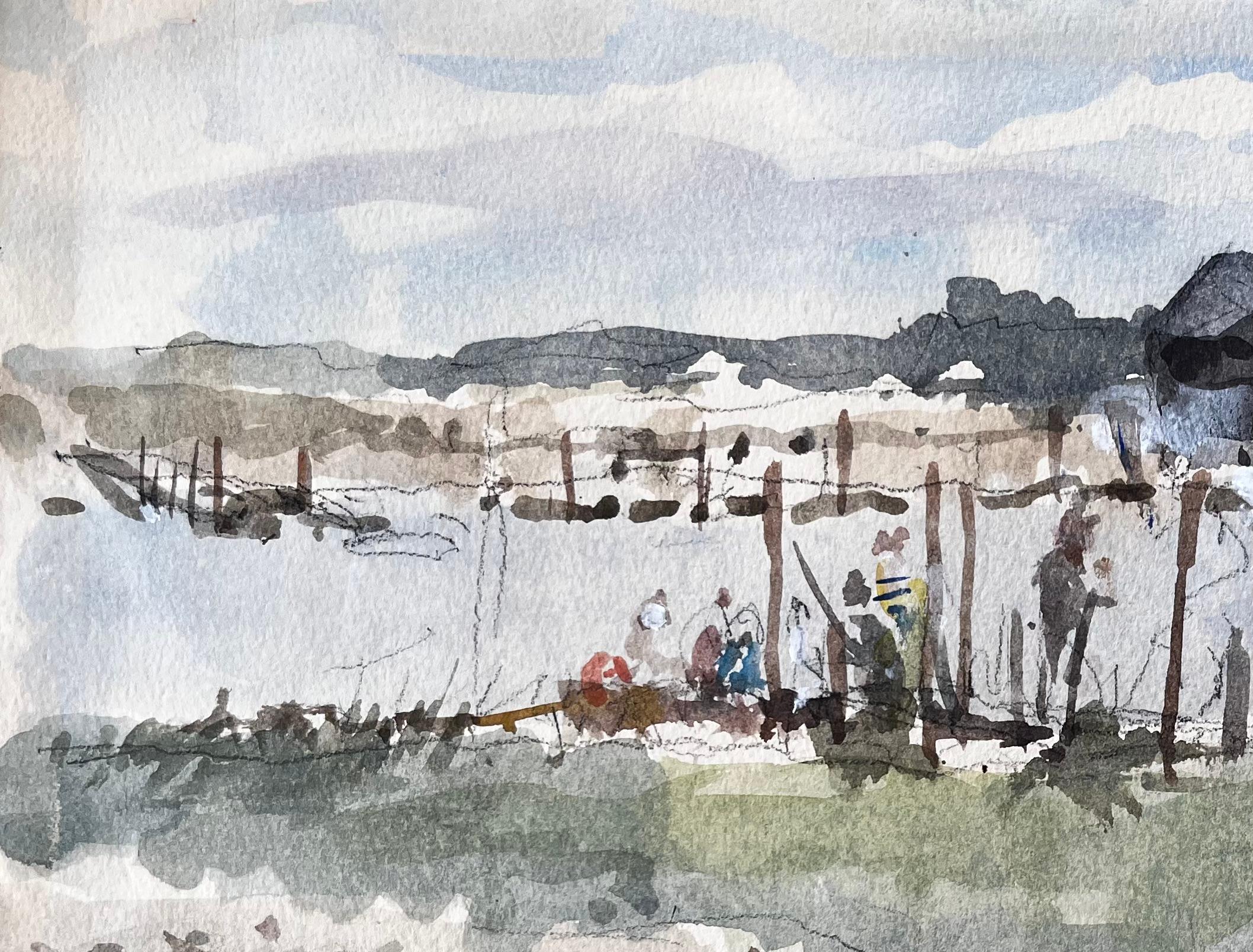 Original Watercolour Riverside Jetty with Figures 2006 by Tony Herbert - Gray Landscape Painting by Anthony Herbert