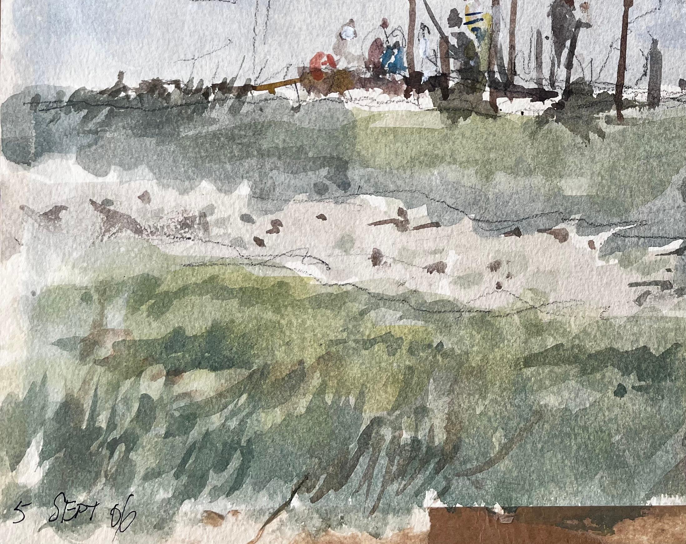 Original Watercolour Riverside Jetty with Figures 2006 by Tony Herbert For Sale 1