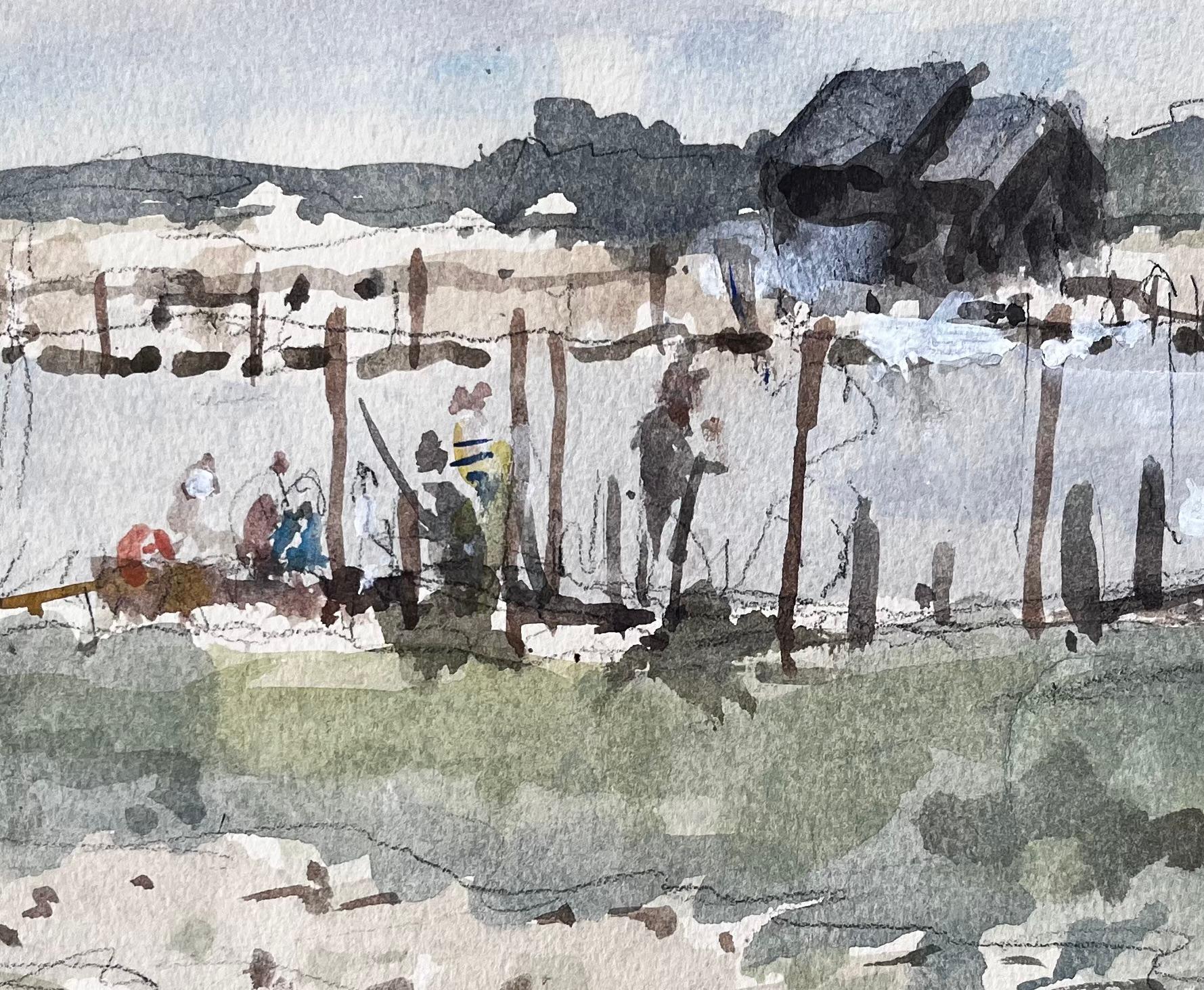 Original Watercolour Riverside Jetty with Figures 2006 by Tony Herbert For Sale 2
