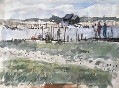 Acquerello originale Riverside Jetty with Figures 2006 di Tony Herbert