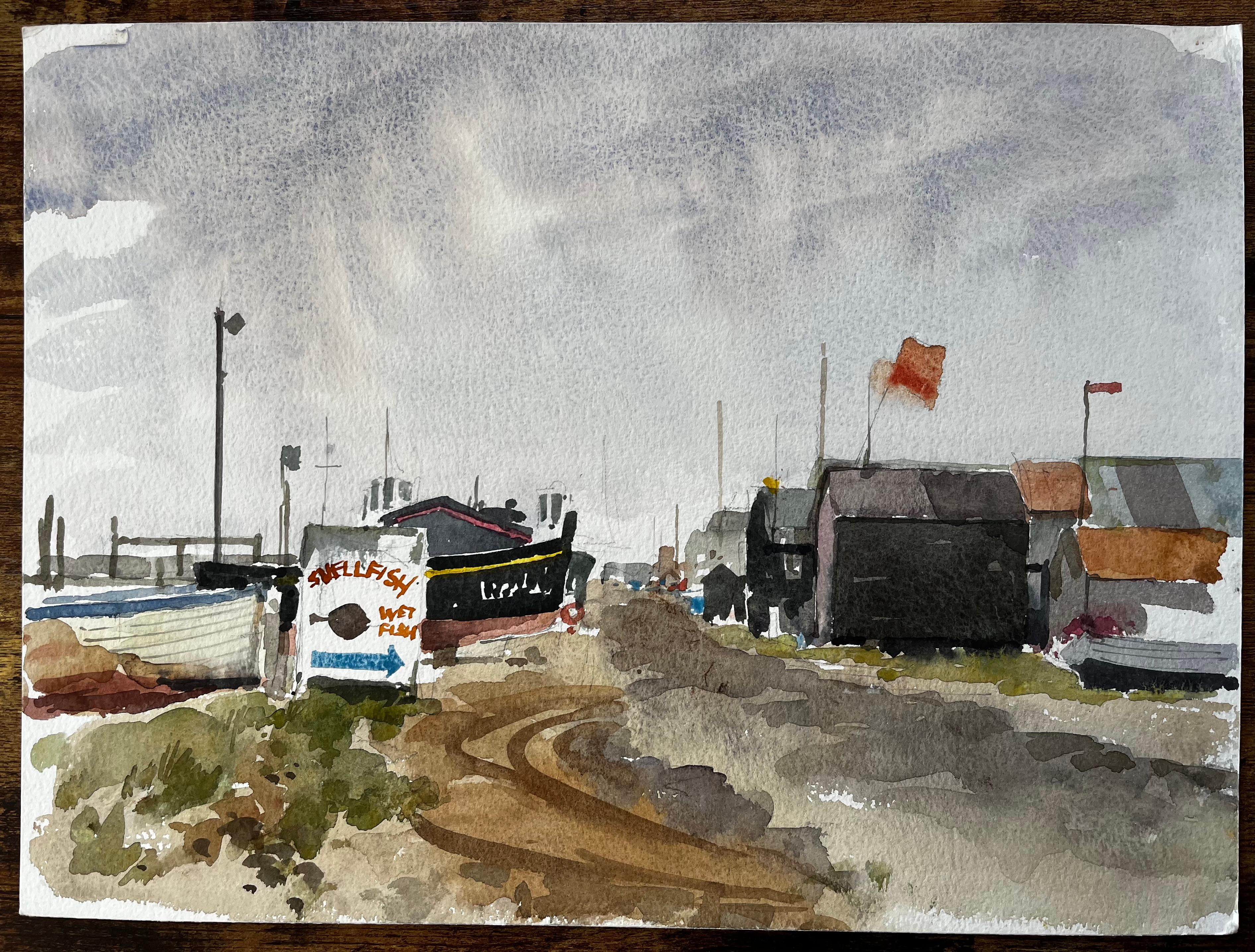 Original-Aquarell Southwold Harbour Boote und Fischerhütten Szene – Art von Anthony Herbert