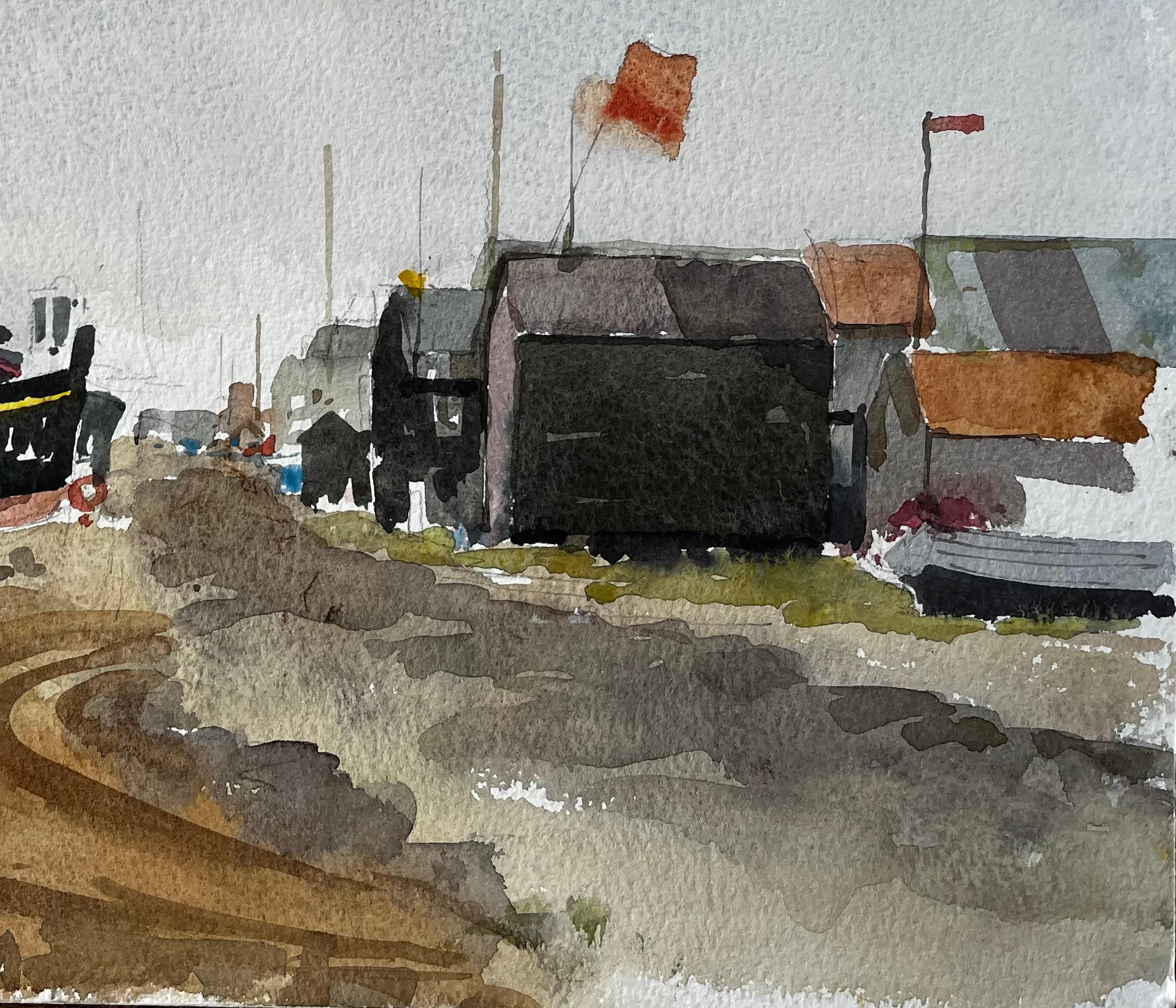 Original-Aquarell Southwold Harbour Boote und Fischerhütten Szene (Impressionismus), Art, von Anthony Herbert